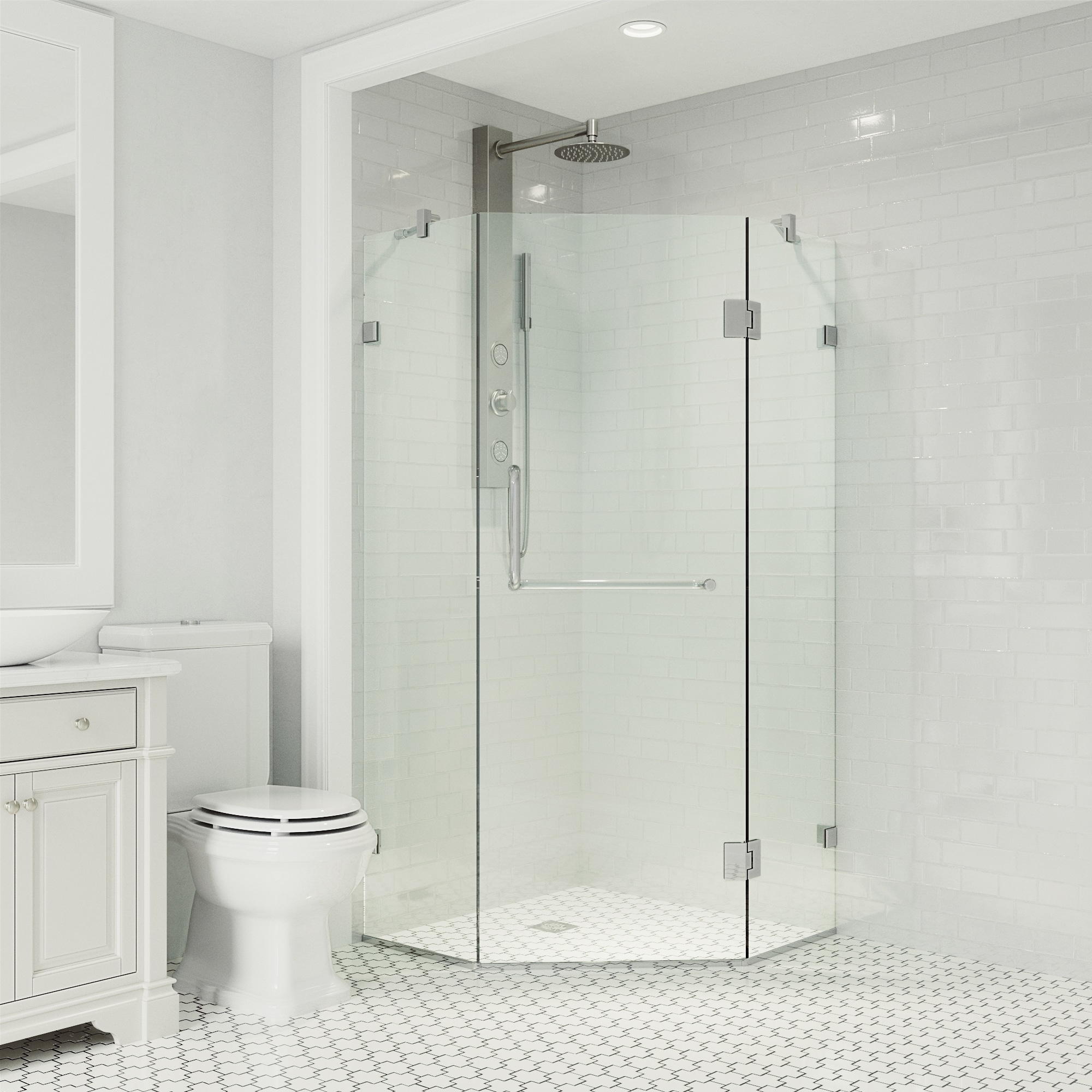 Piedmont Frameless Neo-Angle Shower Enclosure with Clear Glass and Brushed Nickel Hardware