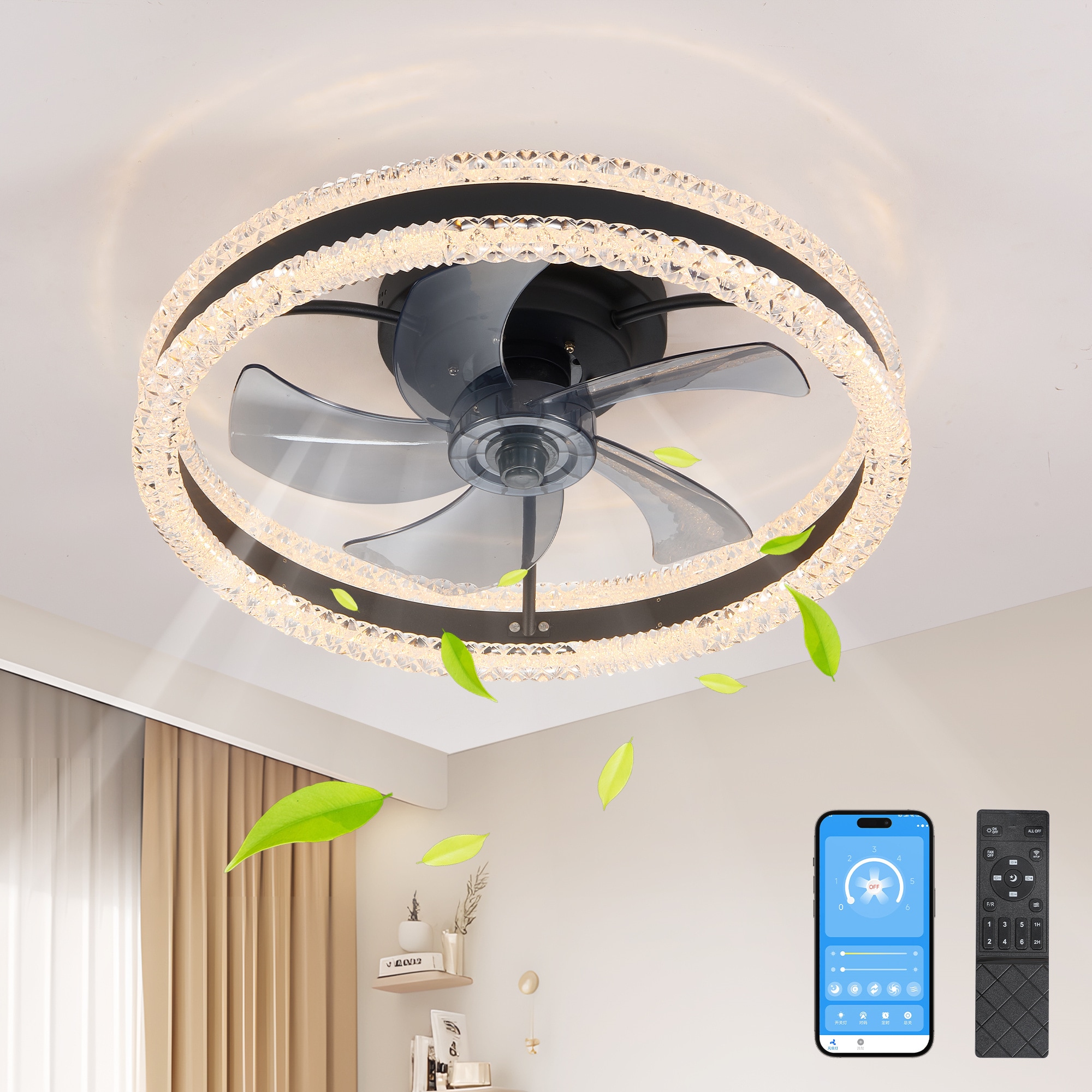 BABOOM BOM-297180-OR Double Ring Dimmable Ceiling Fan 20-in Color-Changing Integrated LED Flush Mount Smart Black with 5 Blades Fandelier Ceiling Fan With Light - Remote Included ( 5 -Blade )