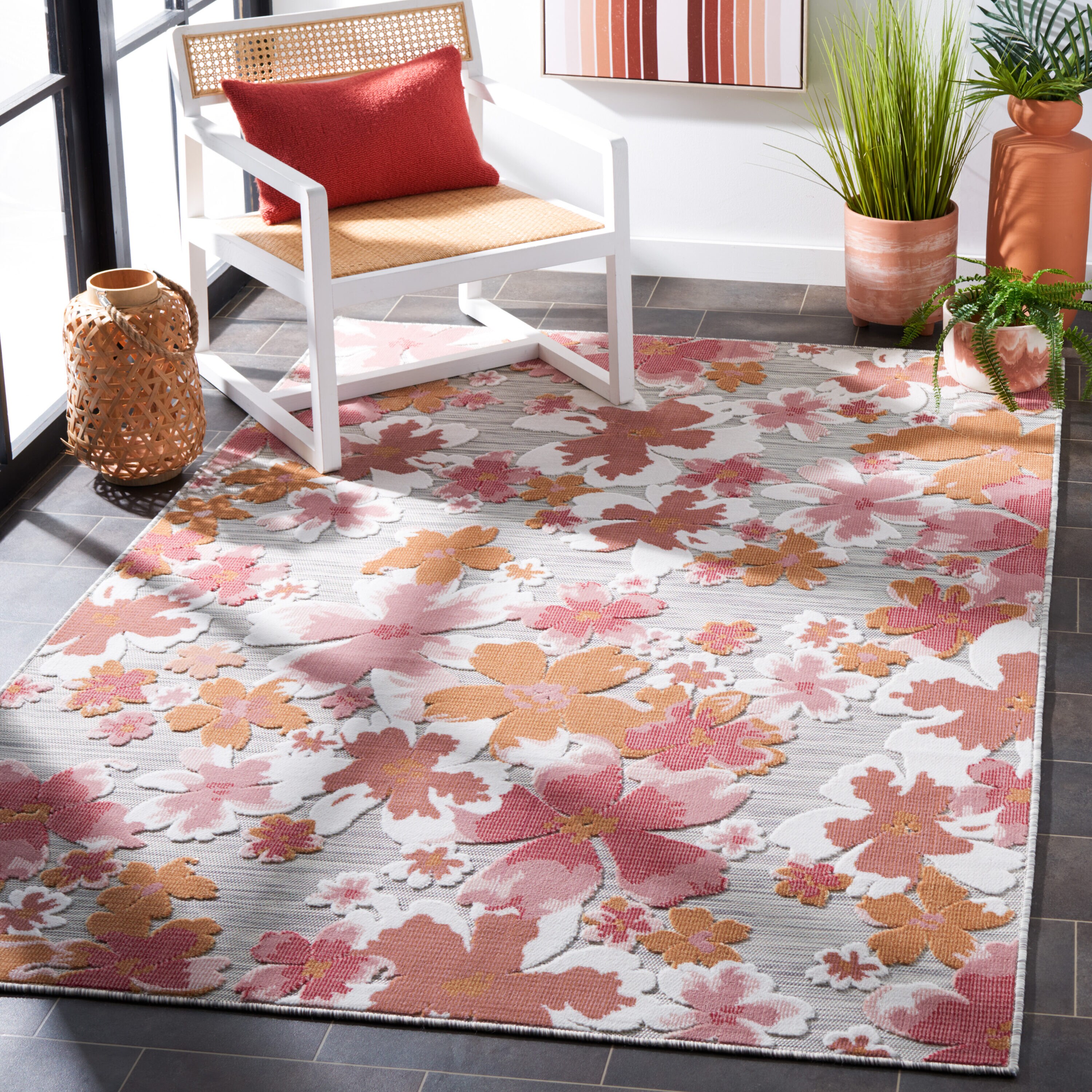 Elegant Floral Gray Synthetic 6'5" x 9'6" Indoor/Outdoor Area Rug