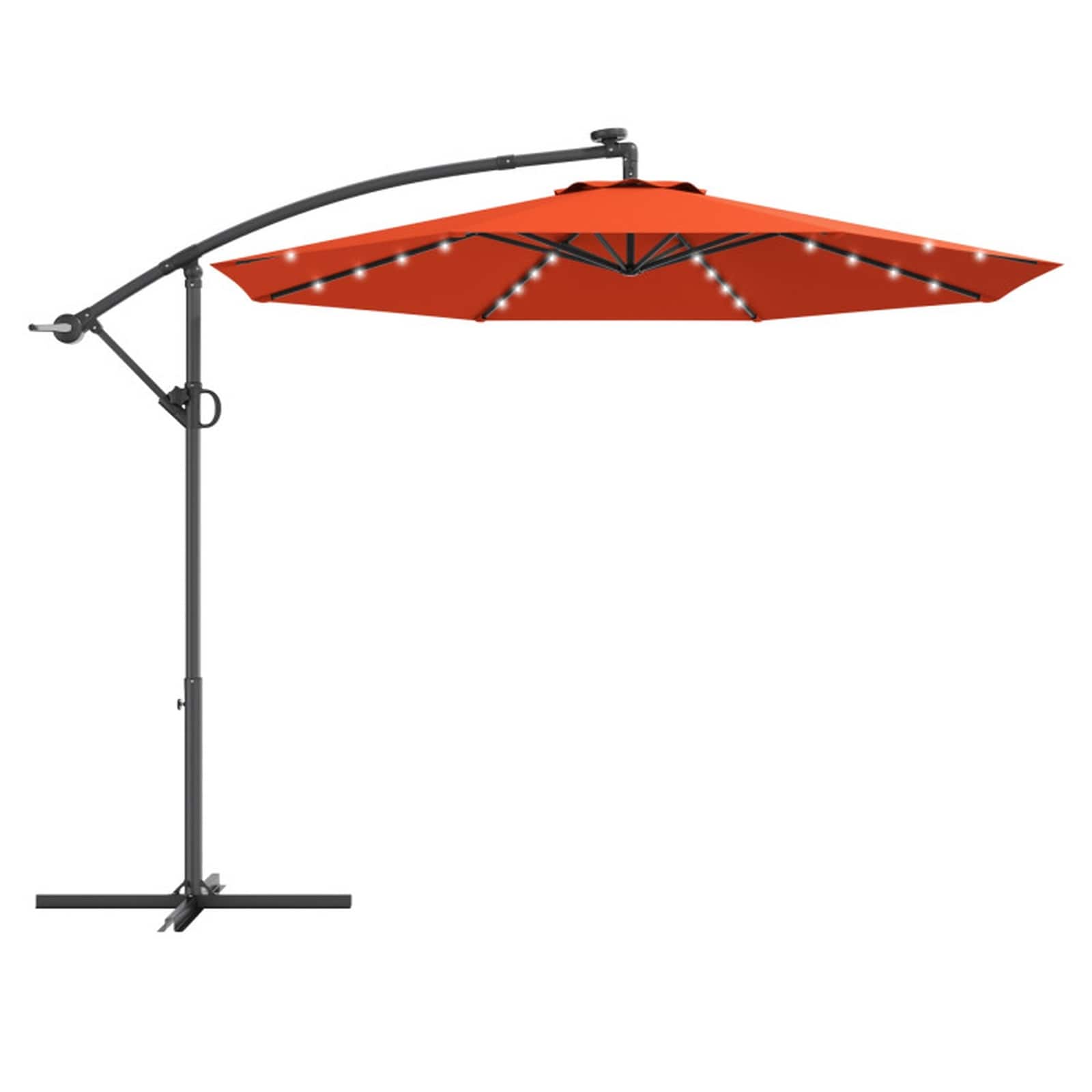 10-ft 360-deg Rotation Solar Powered LED Patio Offset Umbrella without Weight Base-Orange