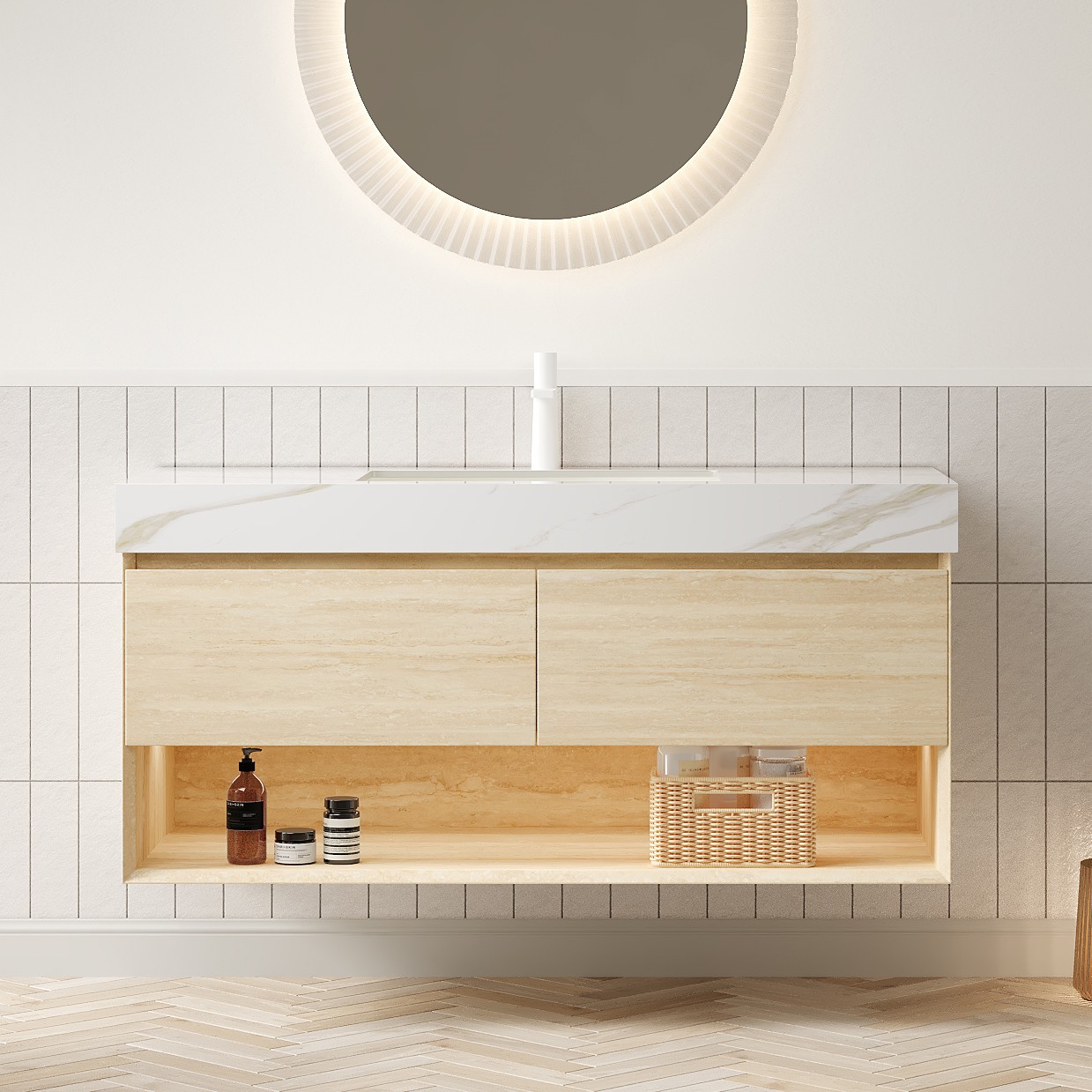 GDFStudio Frigga 48-inch Floating Wood Storage Cabinet-Drawers and Shelf with Sensor Light-Ceramic Undermount Basin and Calacatta Gold Sintered Stone Top-Pre-Assembled-Travertine Texture Finish