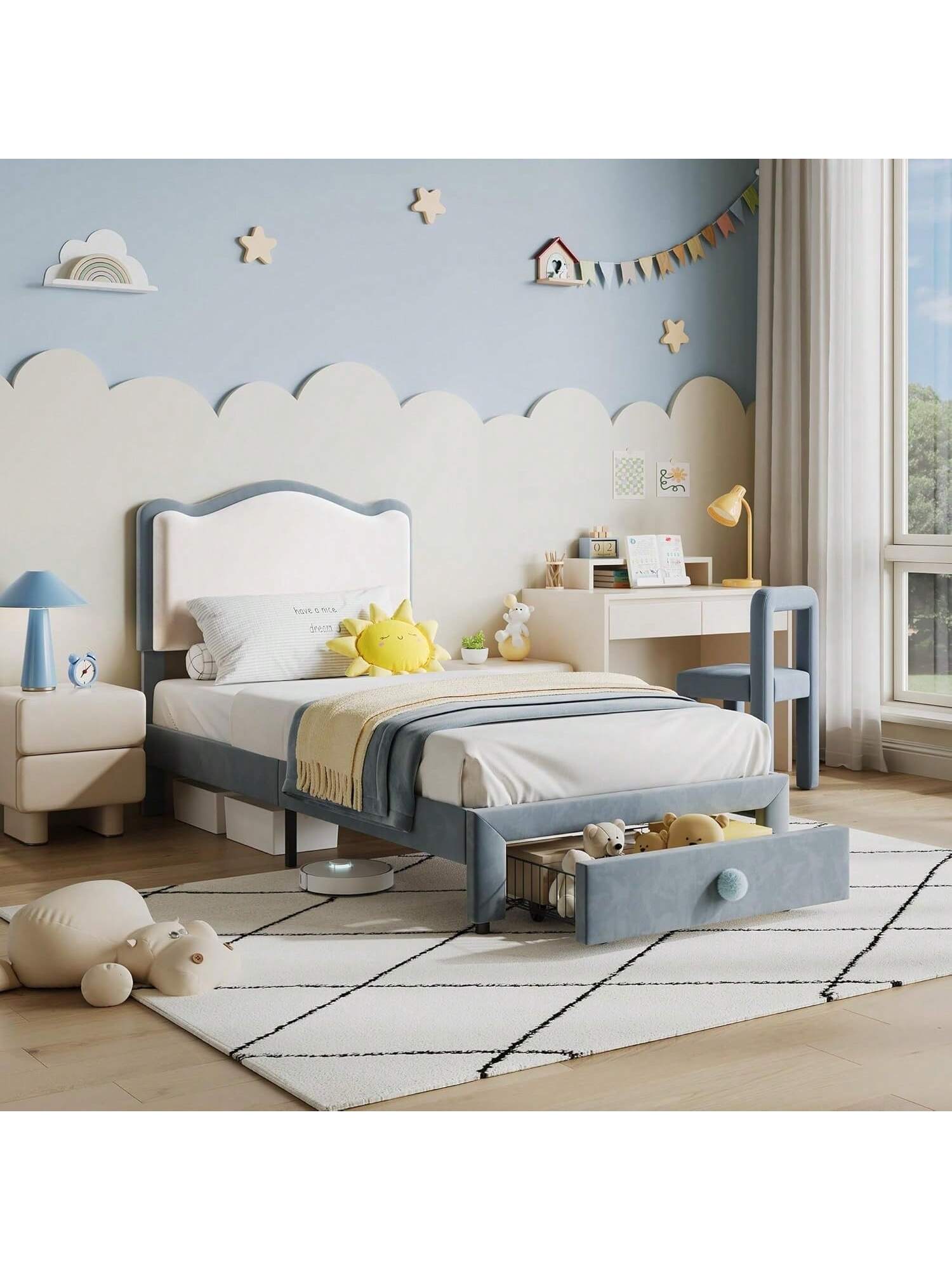 Qeetex BY-PHK-33VGED48 Twin Upholstered Bed Frame With 2 Storage Drawers Chic Double Wavy Headboard Velvet Princess Platform Bed For Girls/Kids Solid Wood Slats Support No Box Spring Needed