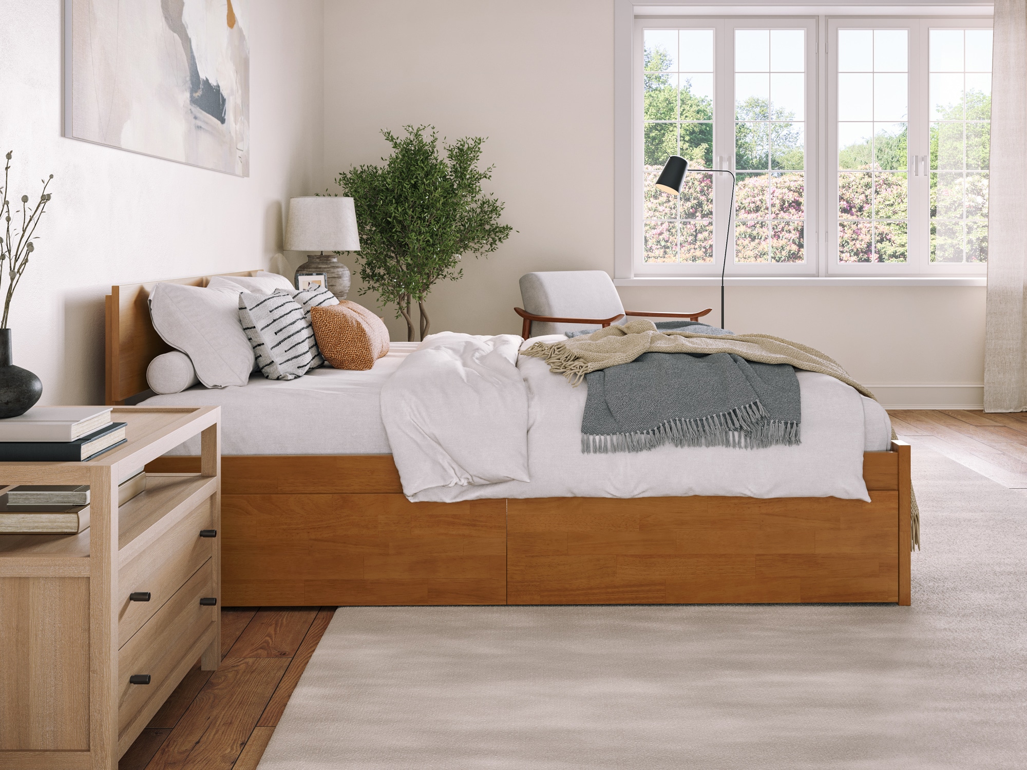 Light Toffee Queen Wood Platform Bed with Storage Drawers