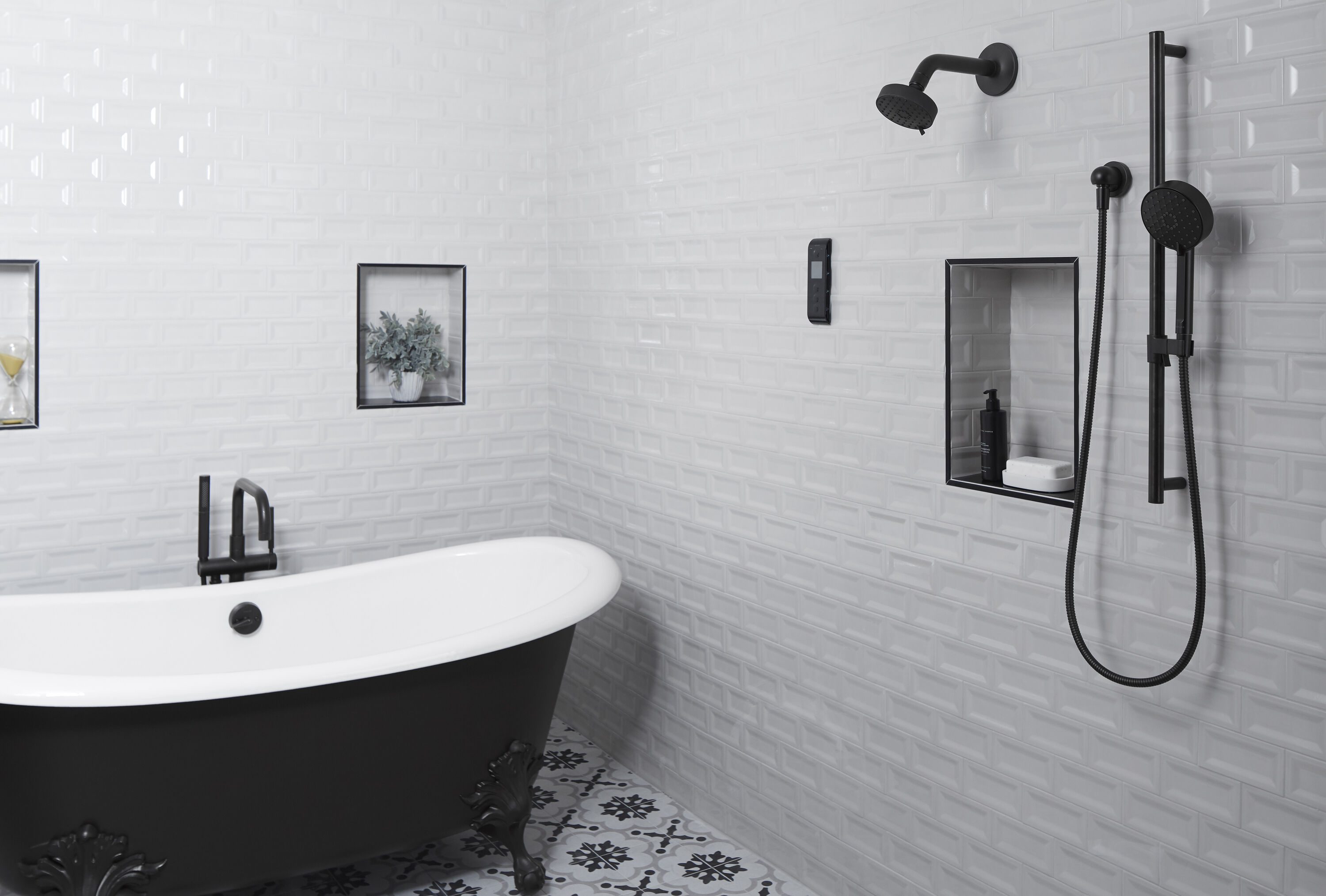 Matte Black Modern Floor-Mount Bath Filler with Handshower
