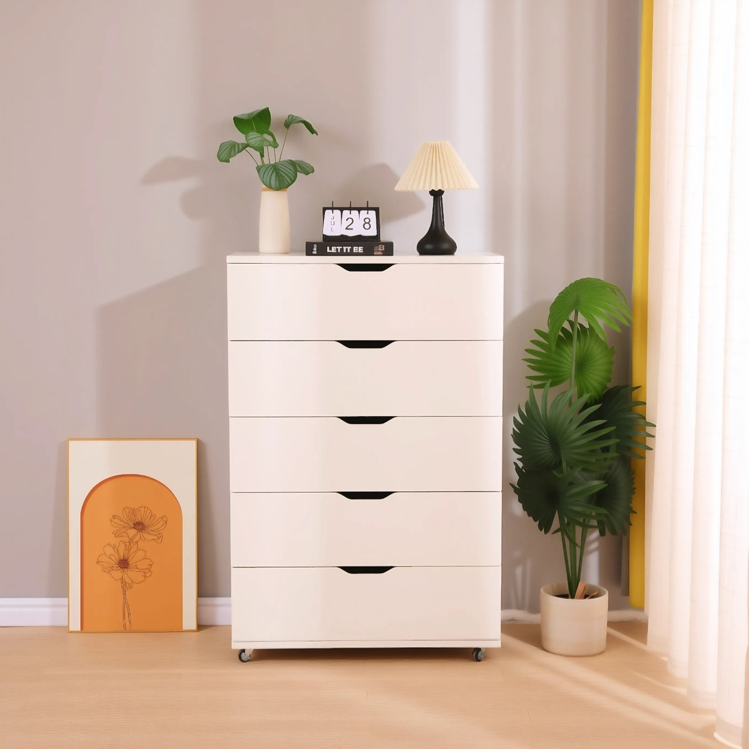 White 5 -Drawer 30.71-in Wood File Cabinet Lateral Filing Cabinet with Wheels Modern Storage Cabi...