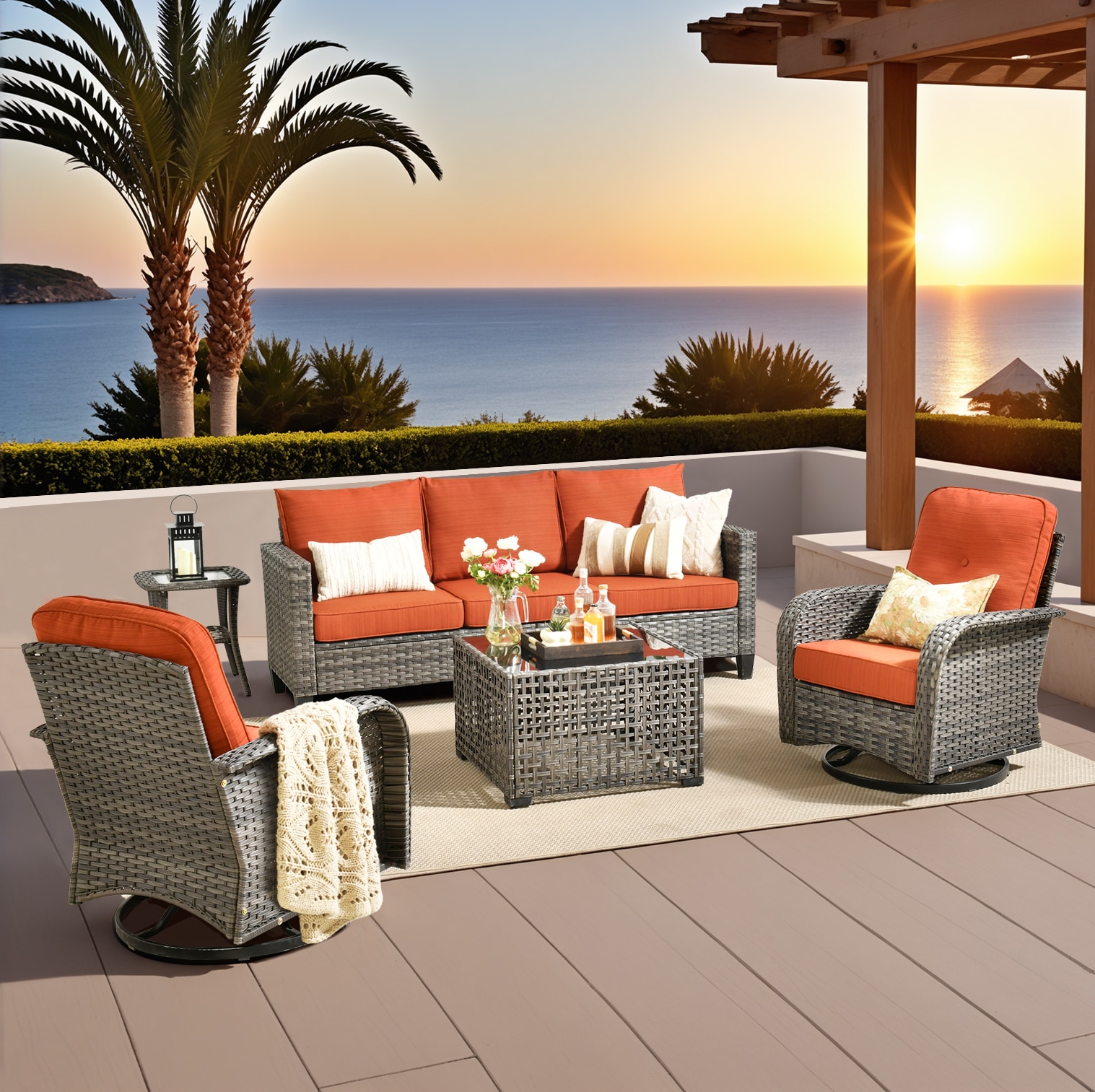 Pouuin SYZGNC805 5 -Piece Wicker Patio Sofa Conversation Set with Orange Cushions