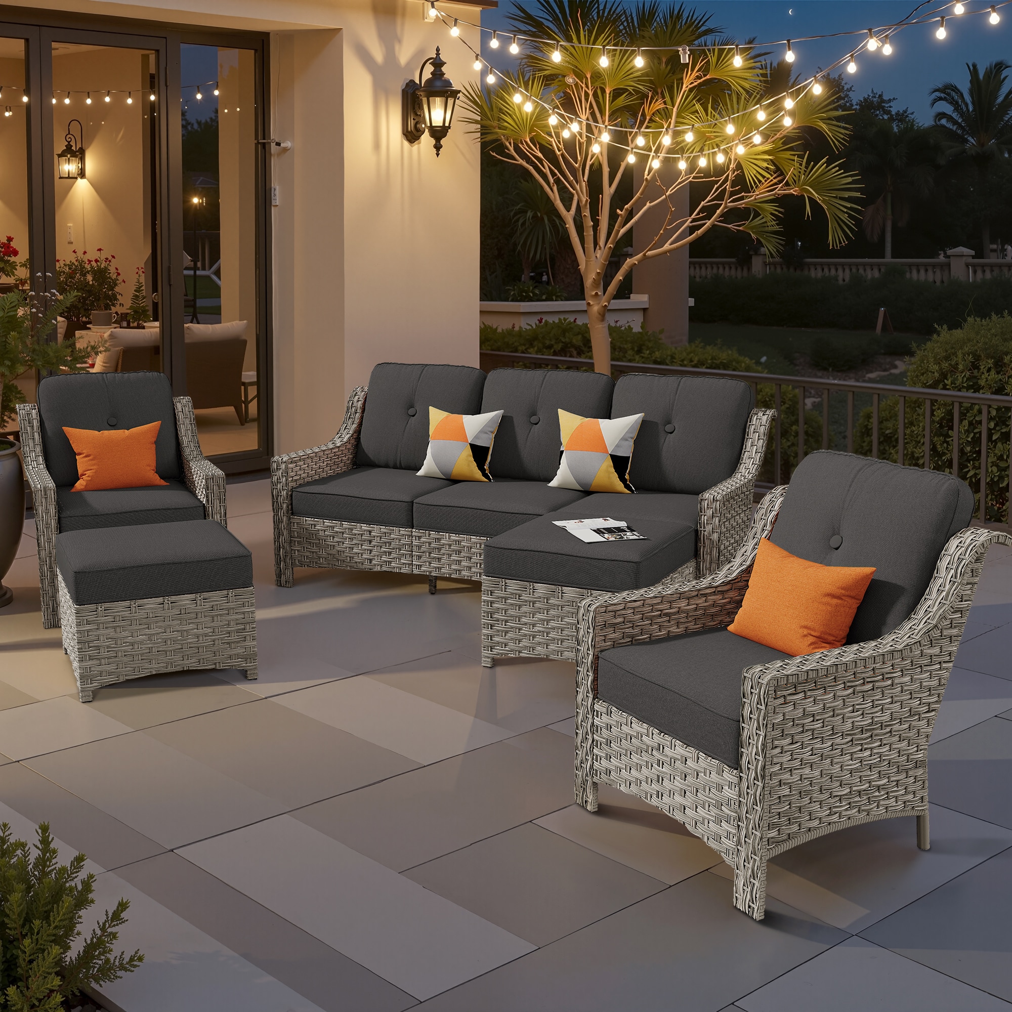 XIZZI XIPAD1053 Pyrophyllite 5 -Piece Rattan Patio Sofa Conversation Set with Black Cushions