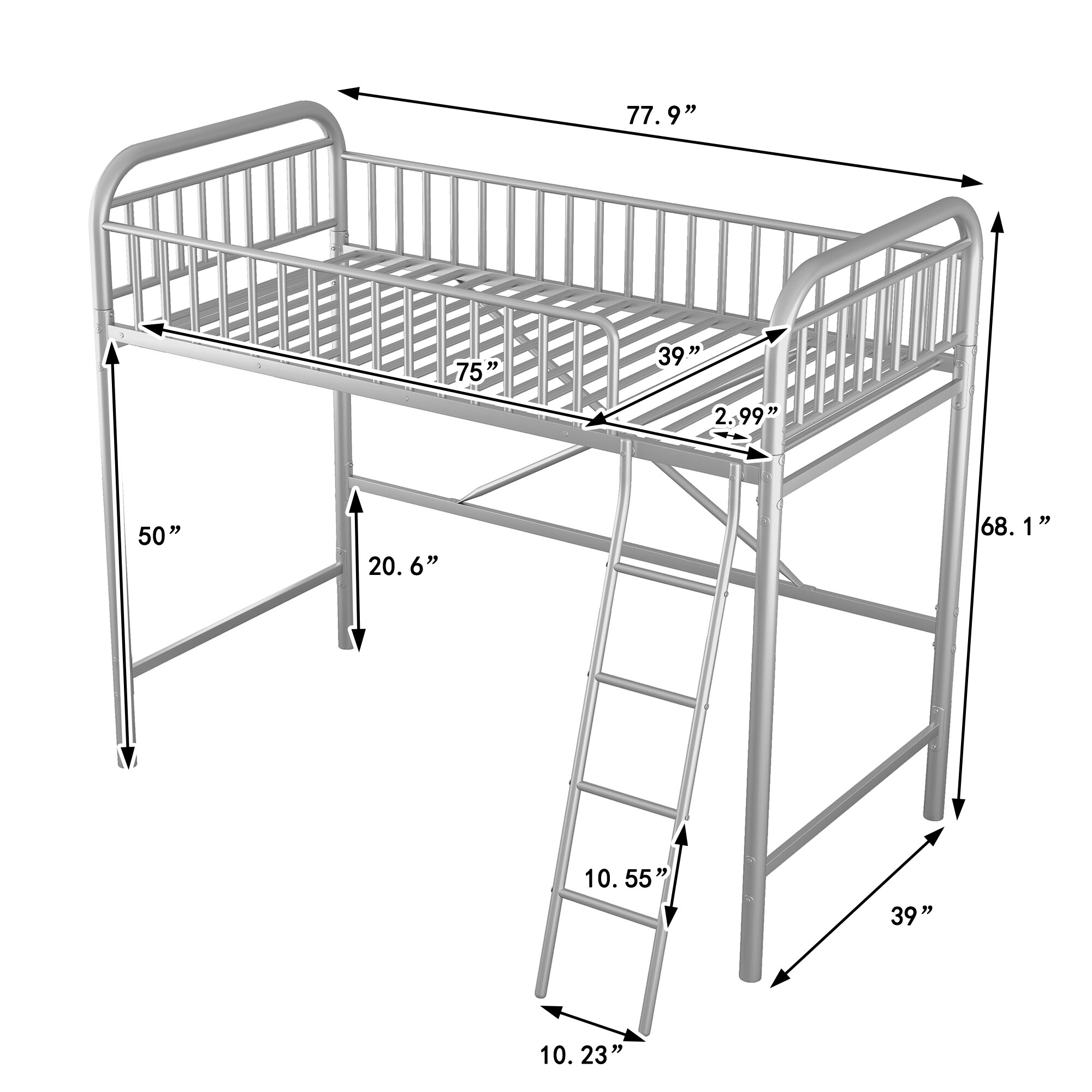 CASAINC Contemporary Twin Loft Bed with Ladder, Silver, Space-Saving ...