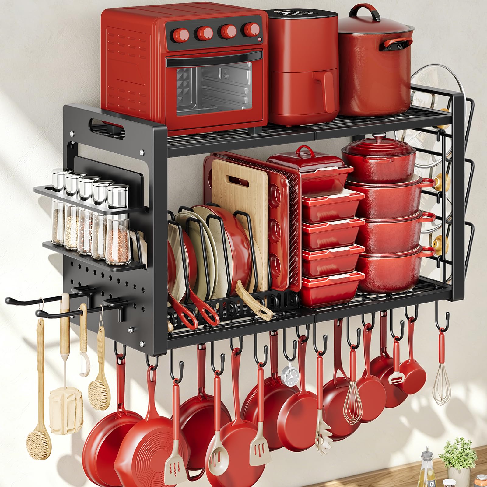 Justincity  Pot Rack Wall Mount Heavy Duty Metal Pan Organizer with 20 Hooks 3 Pot Lid Holders and 8 Adjustable Dividers Loads 100 Pounds for
