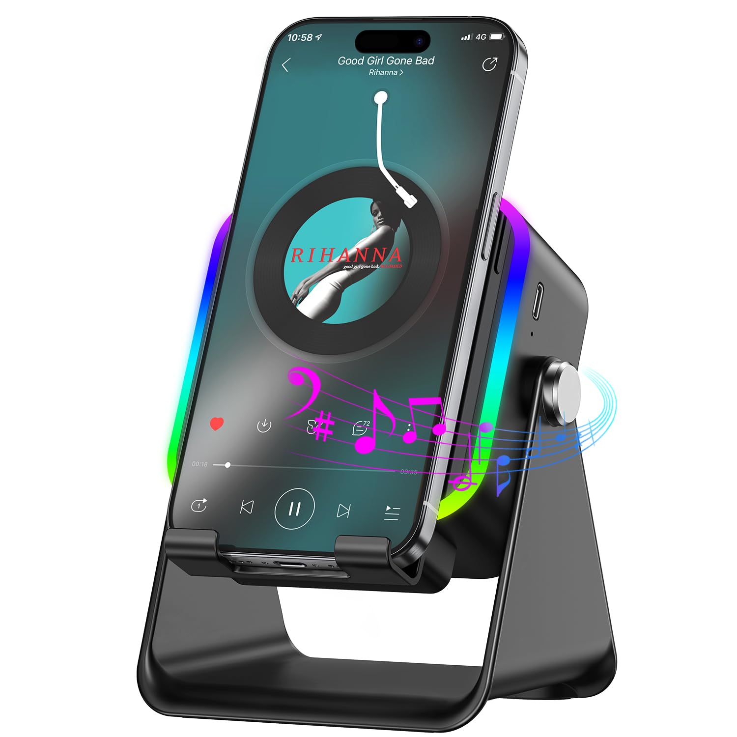 Lukvuzo Wireless Induction Speaker 5 in 1 Bluetooth Speaker with Phone Stand Stereo Sound RGB Ambient Light Adjustable Holder for iPhone Android #LLU0803L181