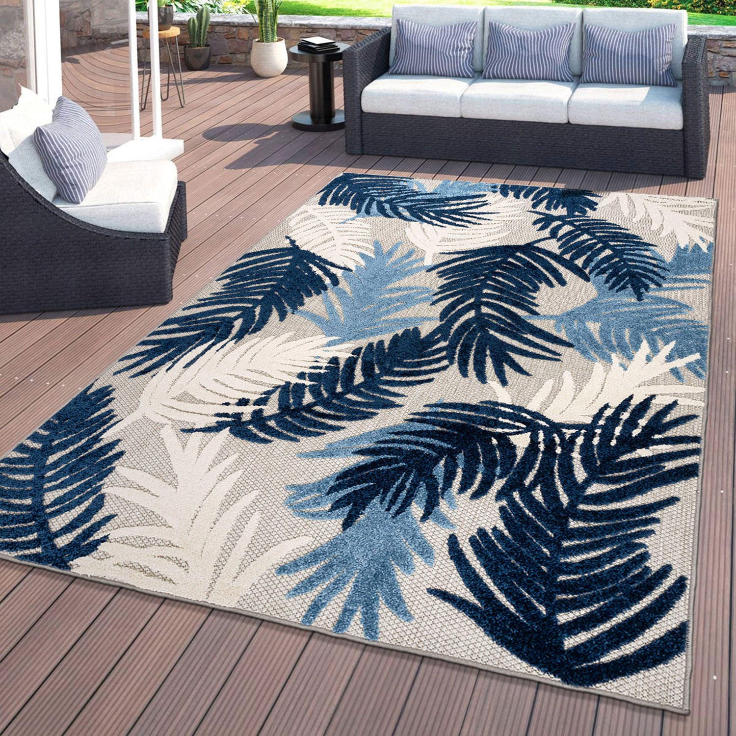 World Rug Gallery 8011NAVY5X7 Patio 5 x 7 (ft) Loomed Polypropylene Navy Rectangular Indoor/Outdoor Floral/Botanical Global Area rug