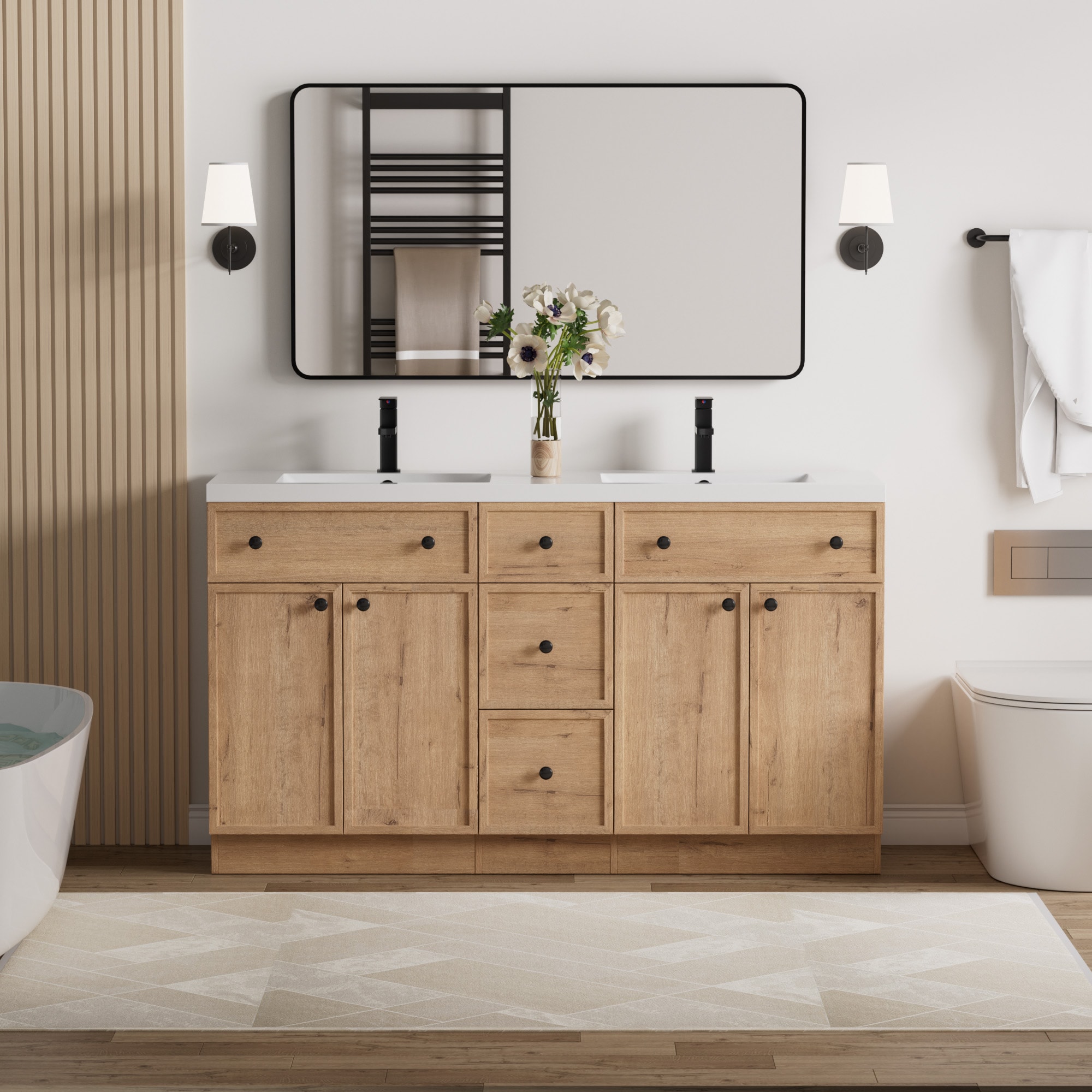 eclife Oak Bathroom Vanity with White Integrated Composite Resin Top (Assembly Required)