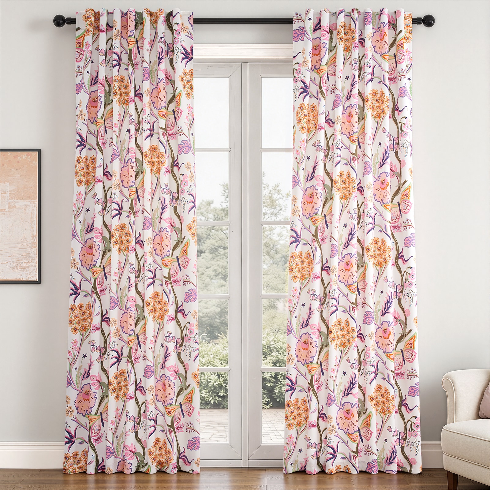 Topfinel -  96-in Pink Rustic Floral Room Darkening Back Tab Curtain panel pair