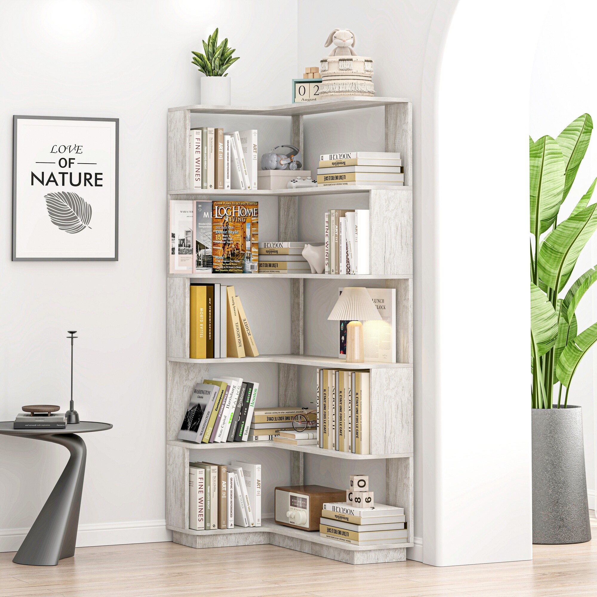 HyperDrop Cart 35.4-in W 5-Tier L-Shaped Freestanding Corner Wood Bookcase with Heavy-Duty Anti-Tipping Device