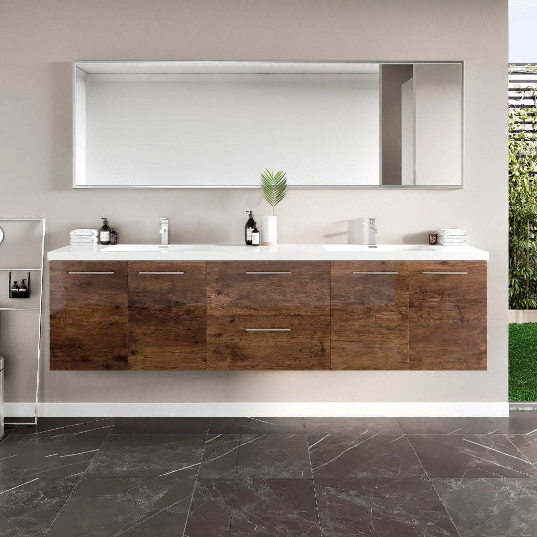 Eviva Lumina 84-in Rosewood Double Sink Bathroom Vanity with White Acrylic Top