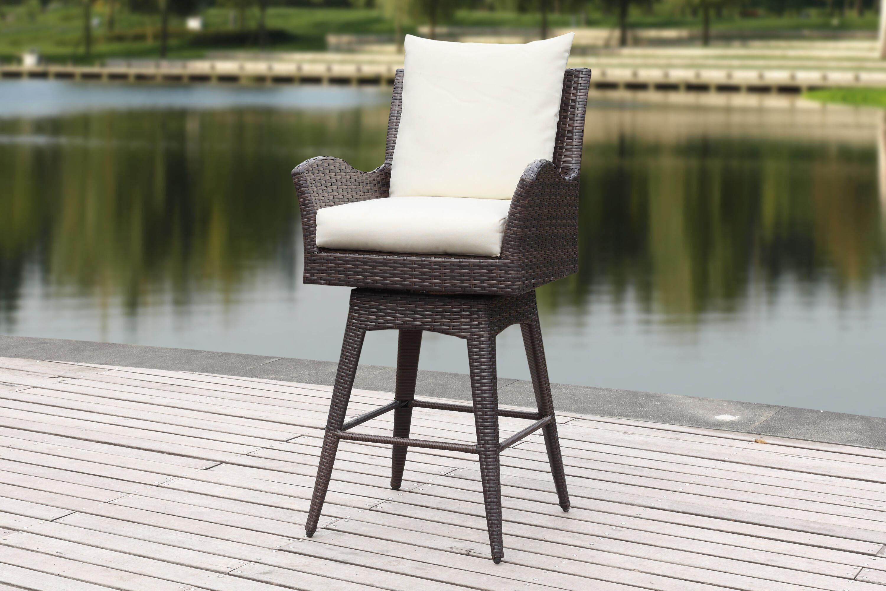 Hayes Brown Swivel Wicker Barstool with Beige Cushions