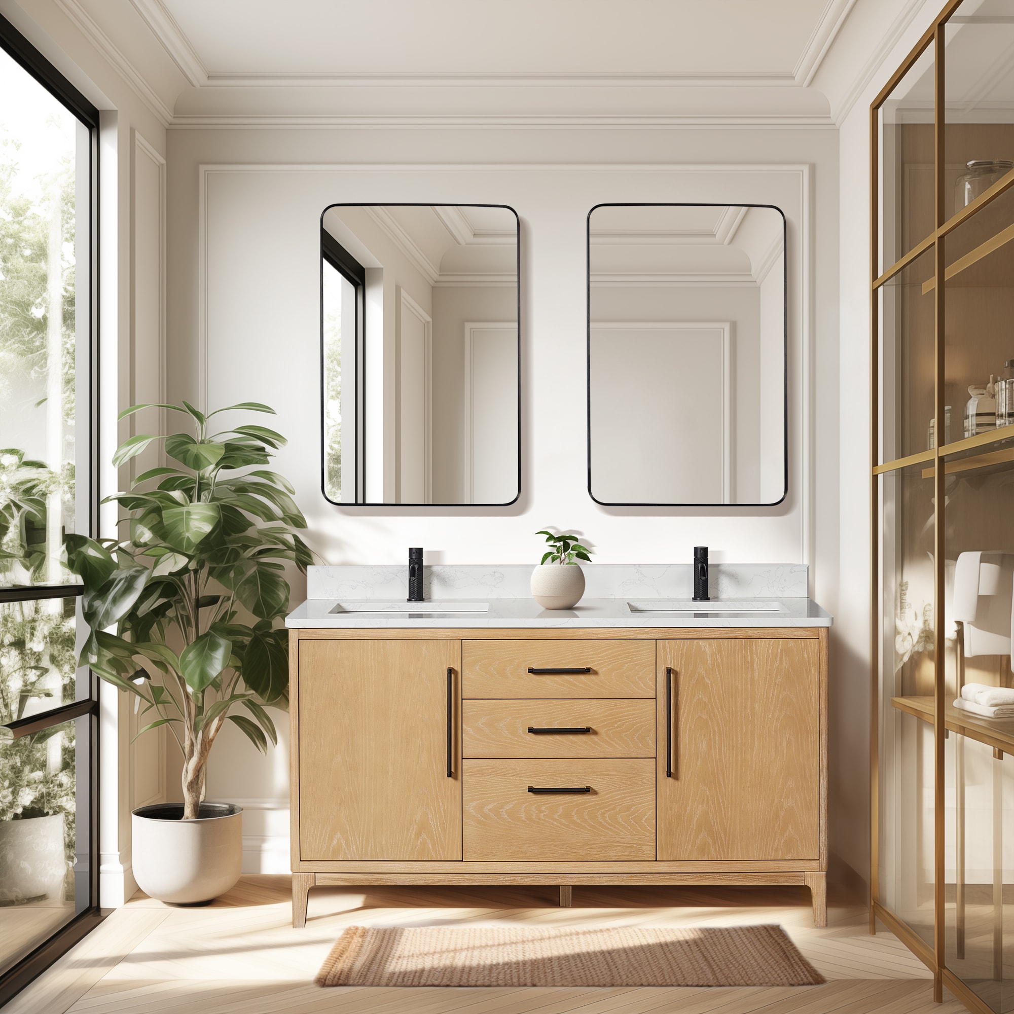 Vinnova 706760M-WA-GW Gara 60-in Washed Ash Grey Finish Undermount Double Sink Bathroom Vanity with White Grain Engineered Stone Top (Mirror Included)