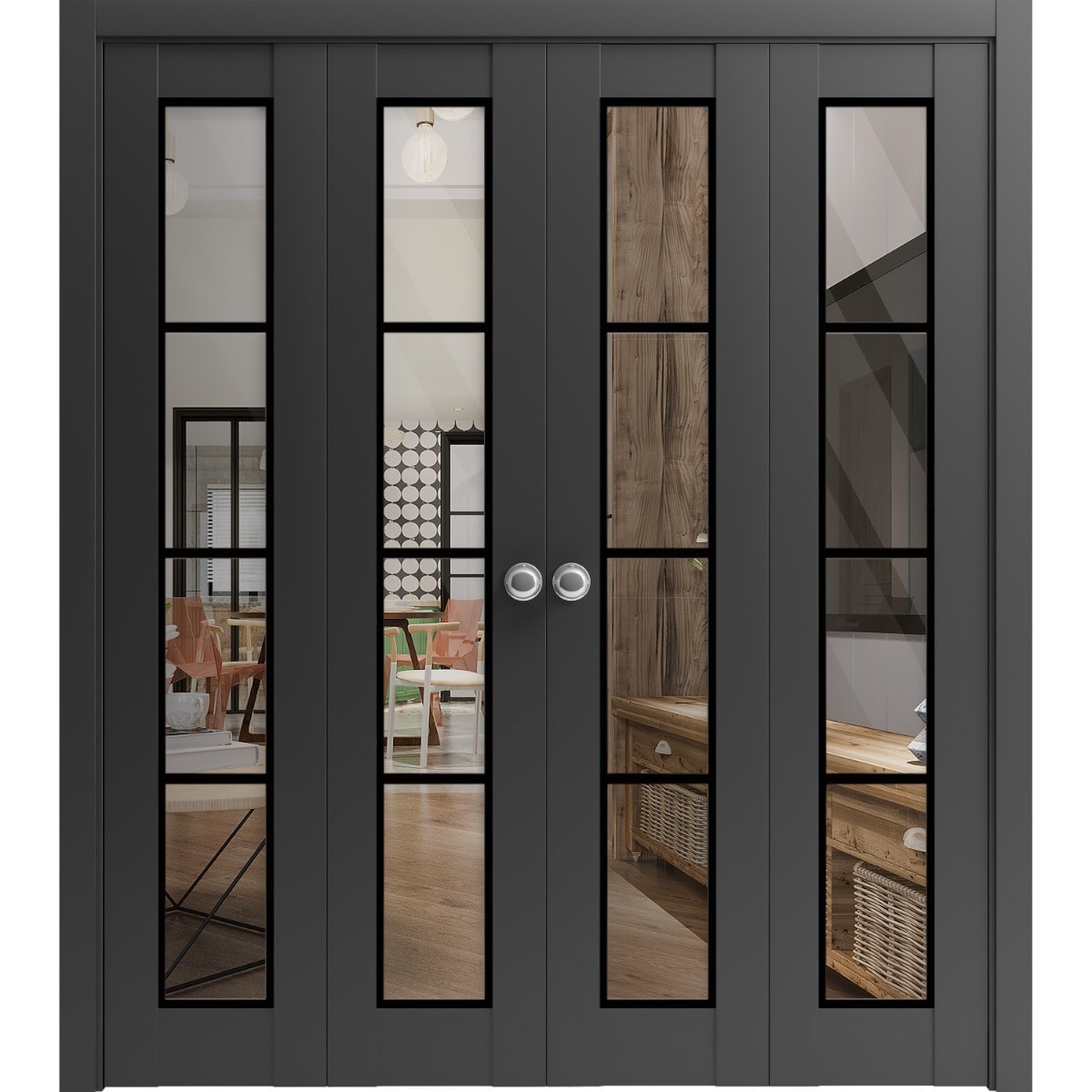 SARTODOORS Sliding Closet Double Bi-fold Doors 96 x 84 (4x 24x84) - Lucia 2466 Matte Black with Clear Glass - Sturdy Tracks Moldings Trims Hardware Set - Wood Solid Bedroom Wardrobe Doors