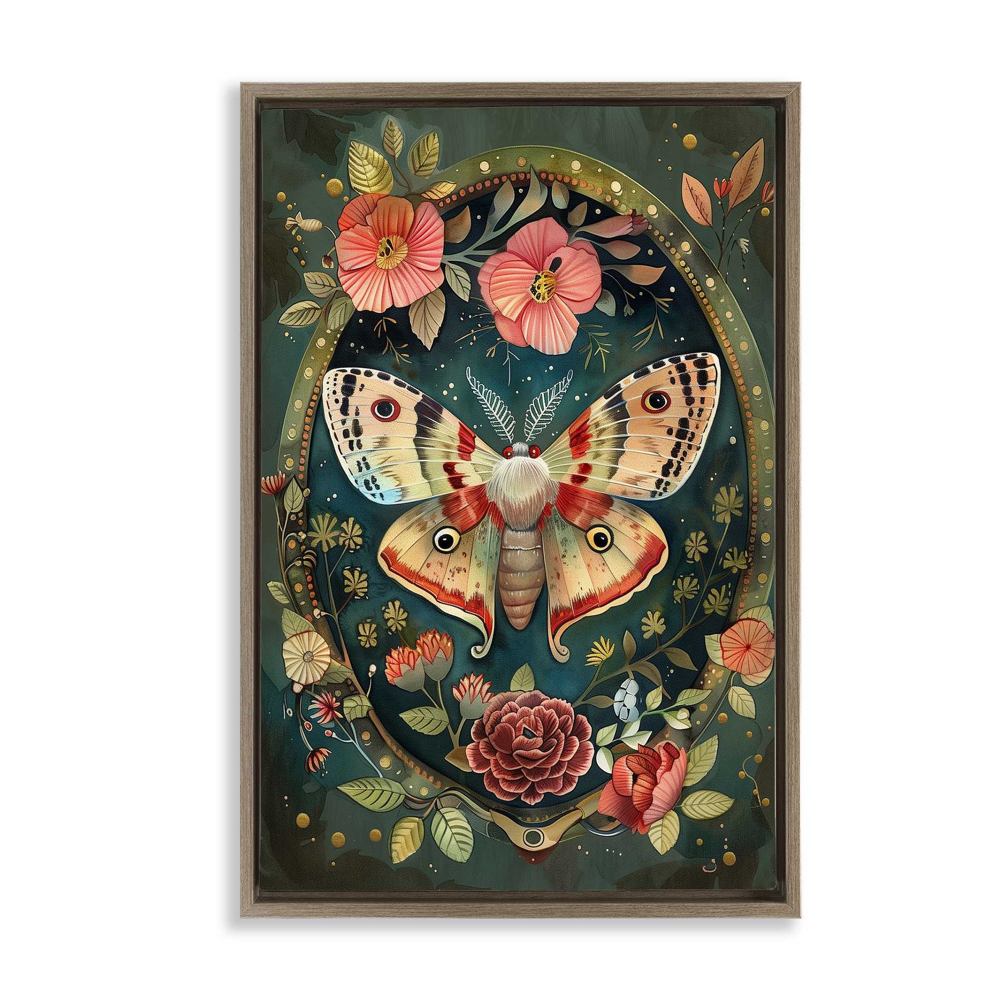 Stupell Industries BT-884-FFE-20X30 Victorian Moth and Florals Brown Framed Floater Canvas Wall Art By The Dutch Lady 21 x 31