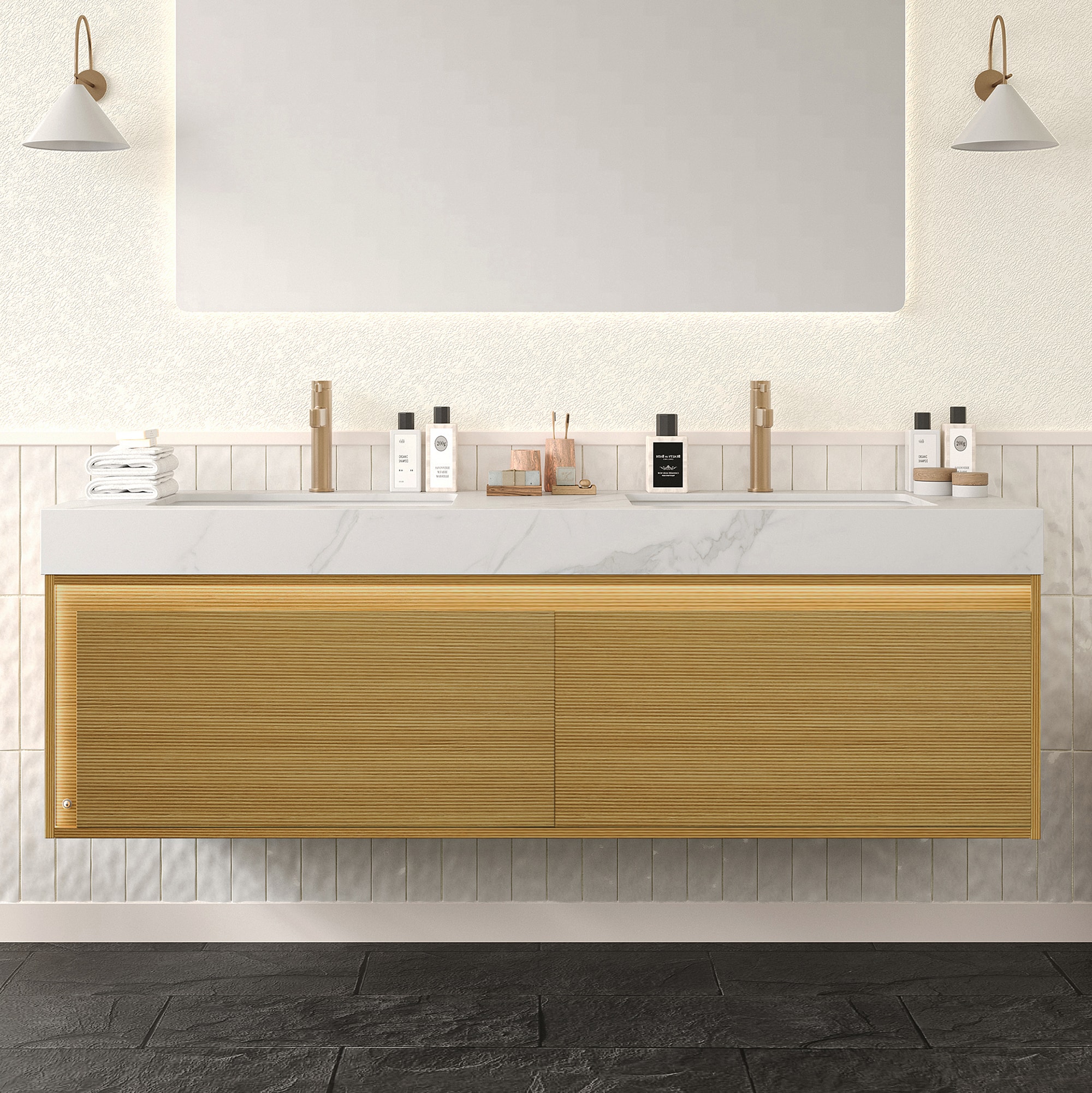 LOVMOR SF-WO-W2615S00368 NYAH 60 inch Floating Vanity Slim Cabinet Drawers Sensor Light 2 Basins