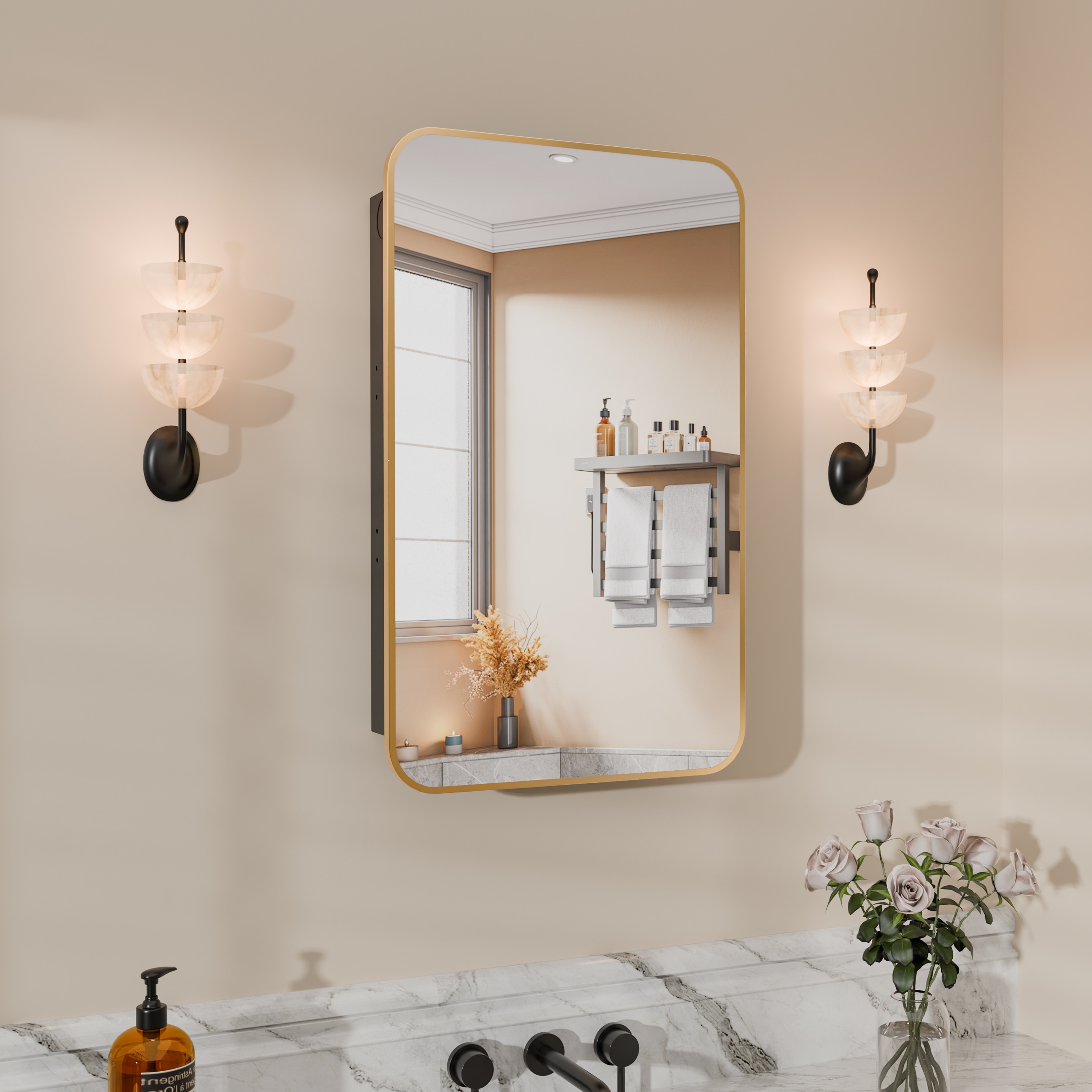 Yuaris 24 in. W x 36 in. H Recessed Rectangular Metal Framed Bathroom Medicine Cabinets with Mirror in Brushed Gold