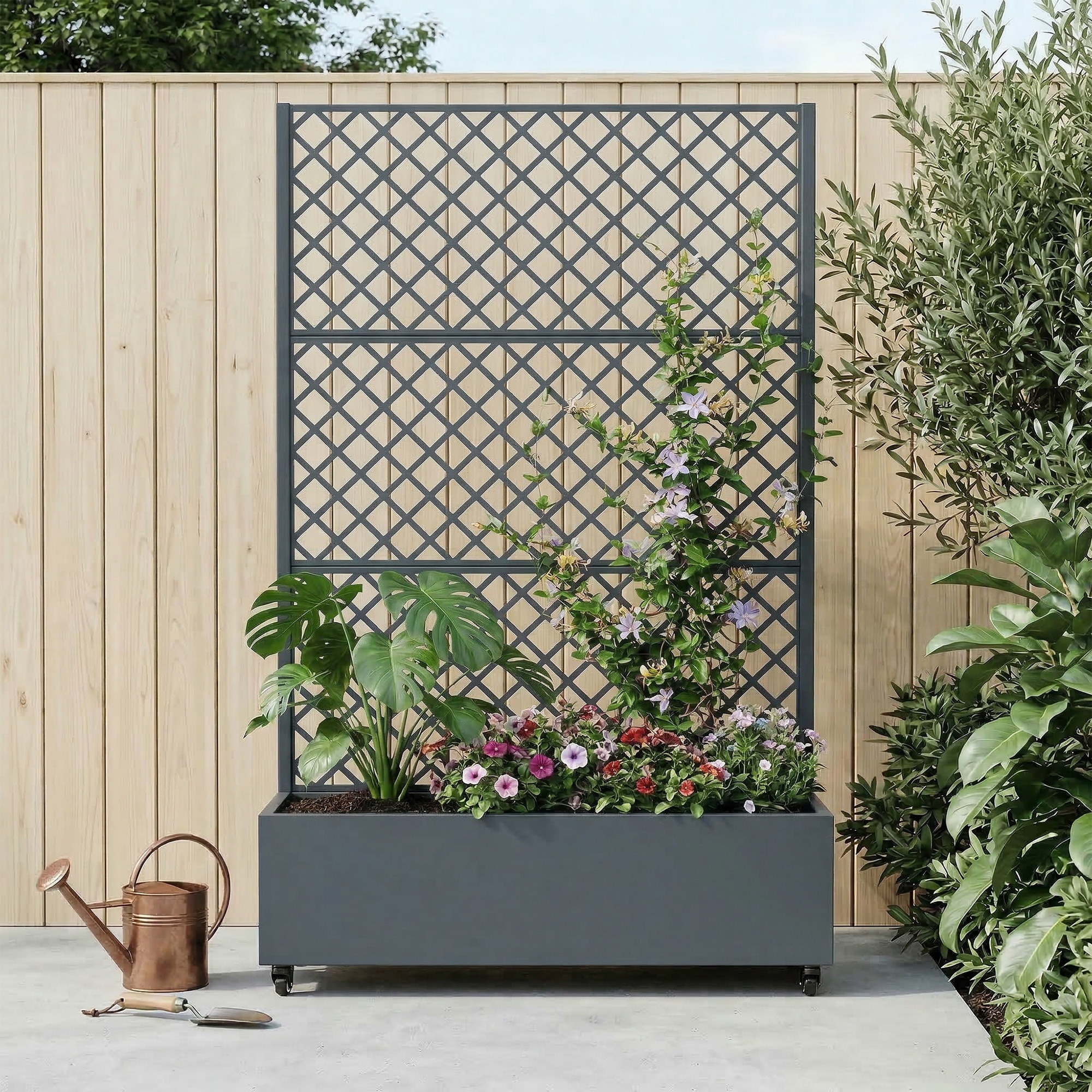 PexFix 72-in H x 47-in W Metal Rectangular Cambrian Gray Planter Box with Climbing Trellis Privacy Screen and Drainage Holes for Patio Garden and Balcony Decor