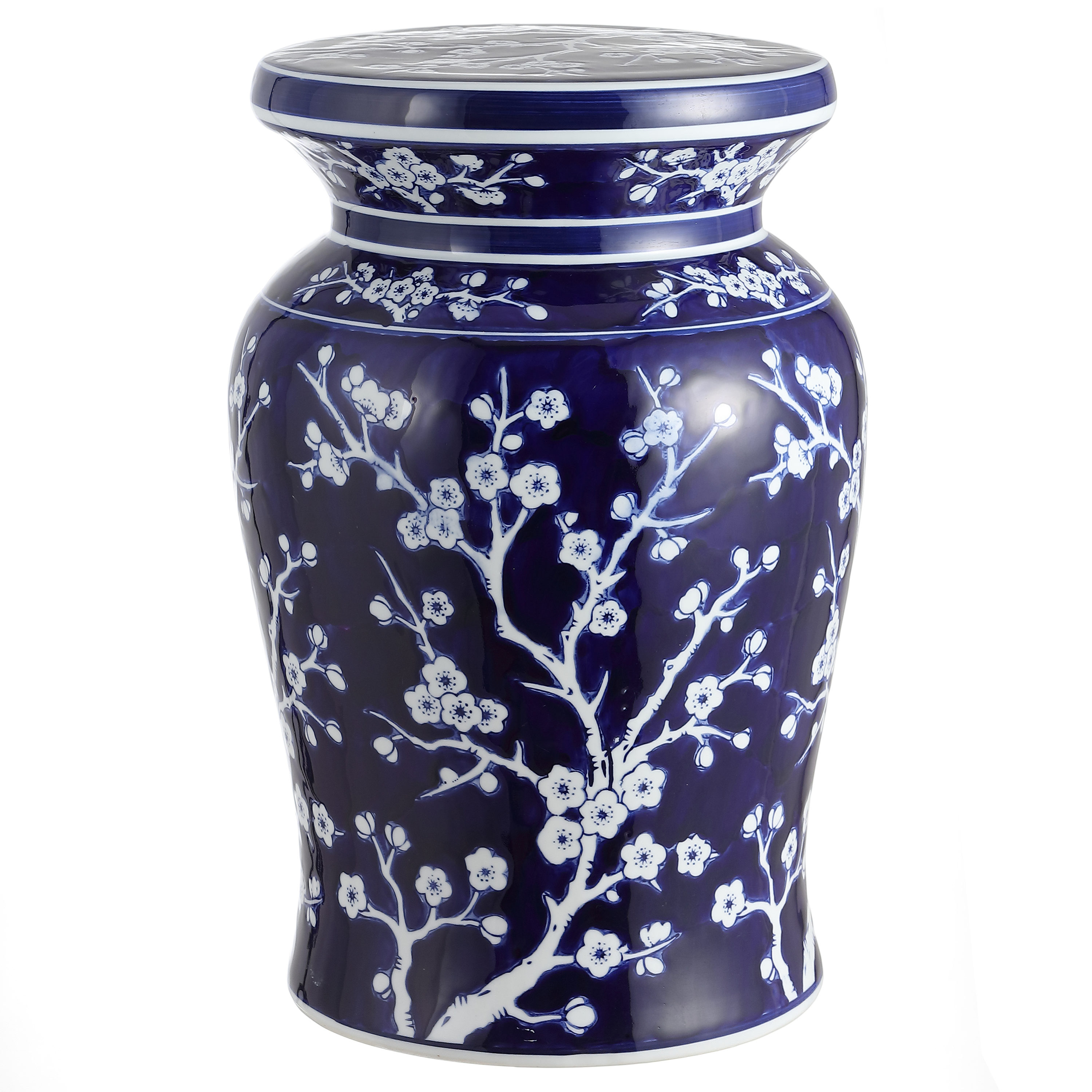 JONATHAN  Y TBL1017A Cherry Blossom Contemporary Transitional 17.75-Inches Navy/White Ceramic Barrel Garden Stool