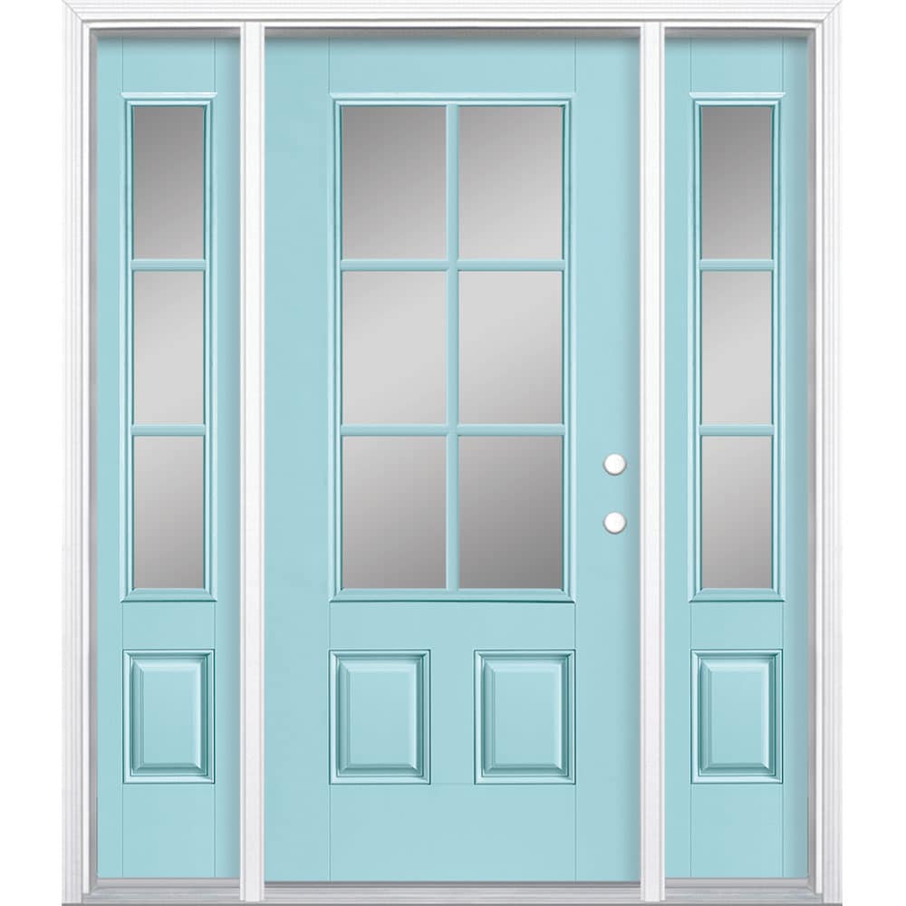 Masonite 64-in x 80-in Fiberglass 3/4 Lite Left-Hand Inswing Caribbean Blue Painted Single Front Door with Sidelights with Brickmould Insulating Core in the Front Doors department at Lowes.com