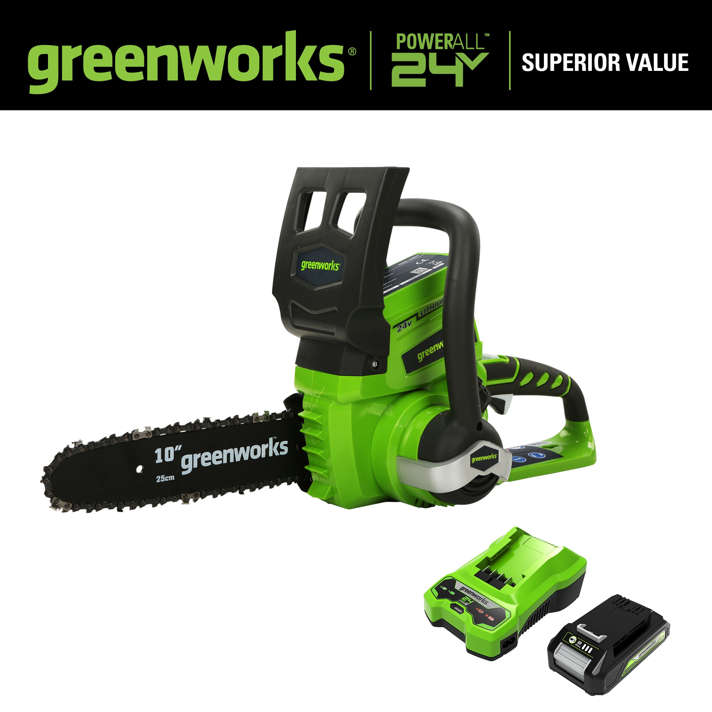 Greenworks 24-volt 10-in Battery 2 Ah Chainsaw (Battery and Charger  Included)