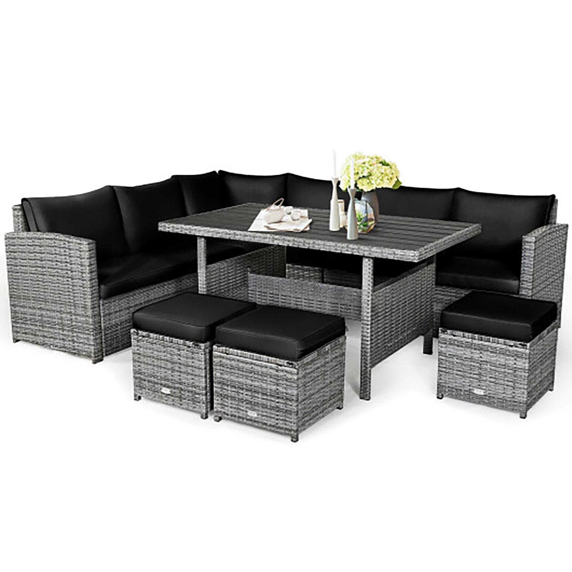 7 Pieces Patio Rattan Dining Furniture Sectional Sofa Set with Wicker Ottoman-Black | - Forclover HYFL-90BK