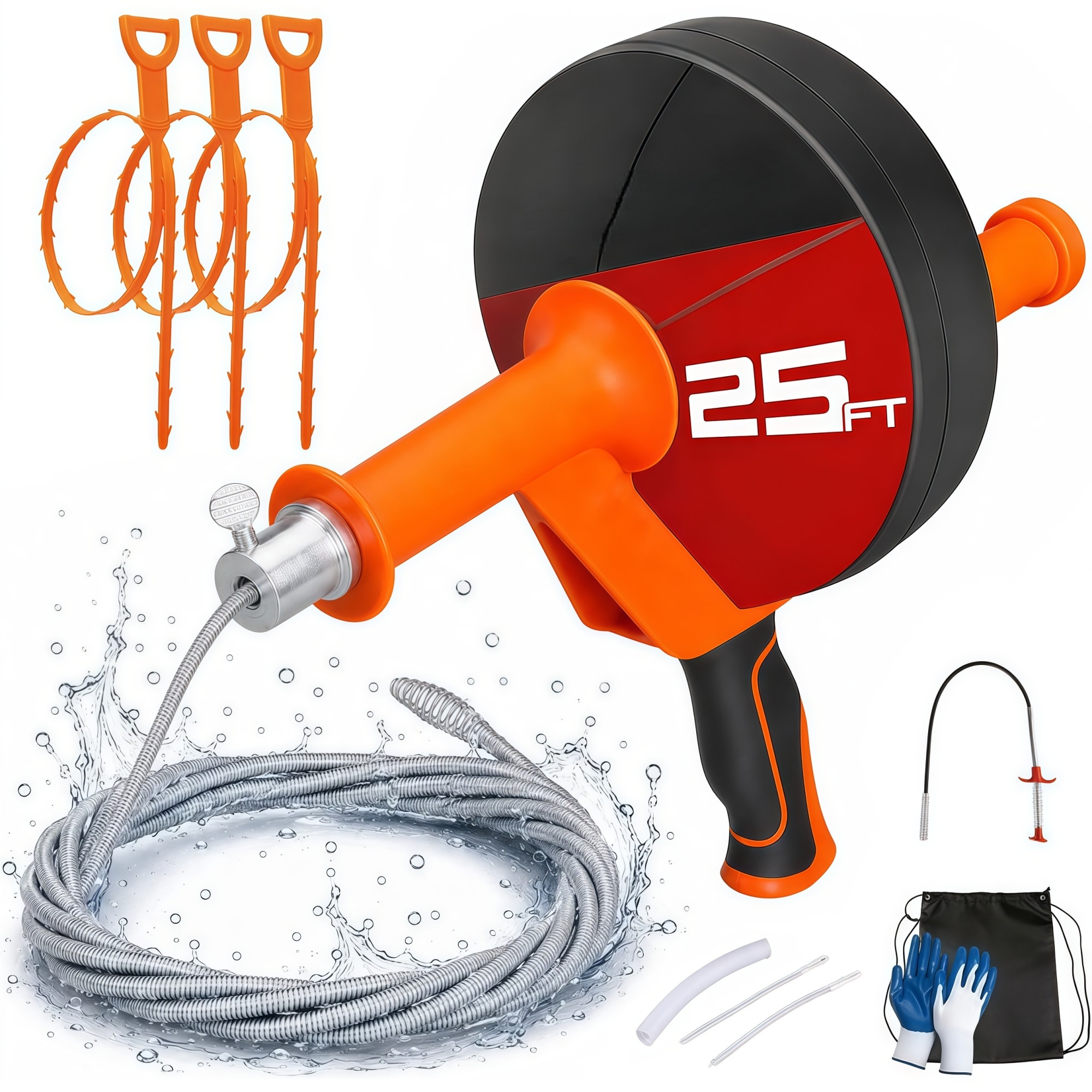 Numhew 25ft L Flexible Spring Steel Orange Drain Auger with Drill Adapter 7-Piece Clog Remover Kit