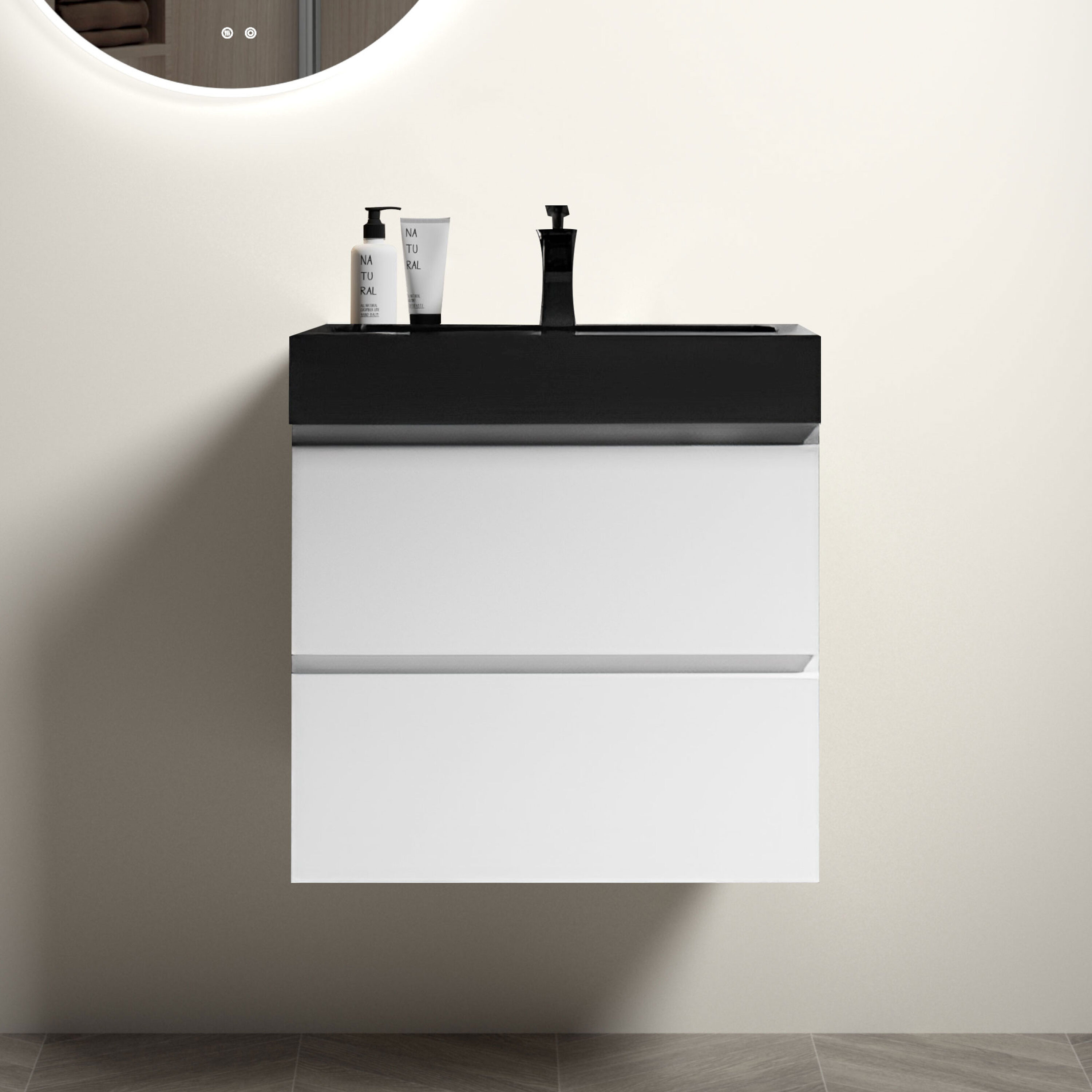 Tahanbath 24 Inch White Wall Mounted Floating Bathroom Vanity with Large Storage and One-Piece Black Sink Basin for Modern Bathroom Pre-assembled Without Drain and Faucet
