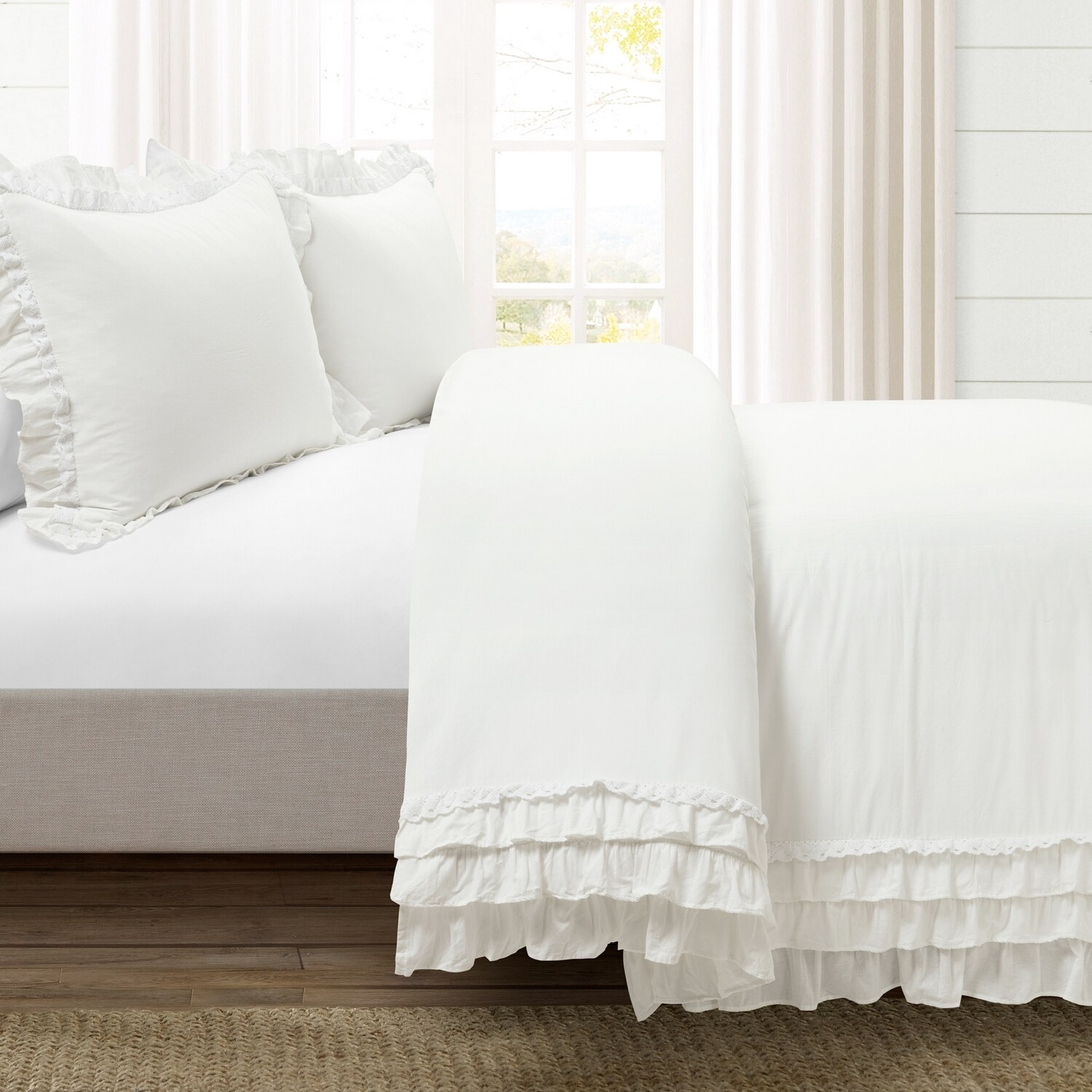 White Cotton Ruffled Lace Full/Queen Duvet Cover Set