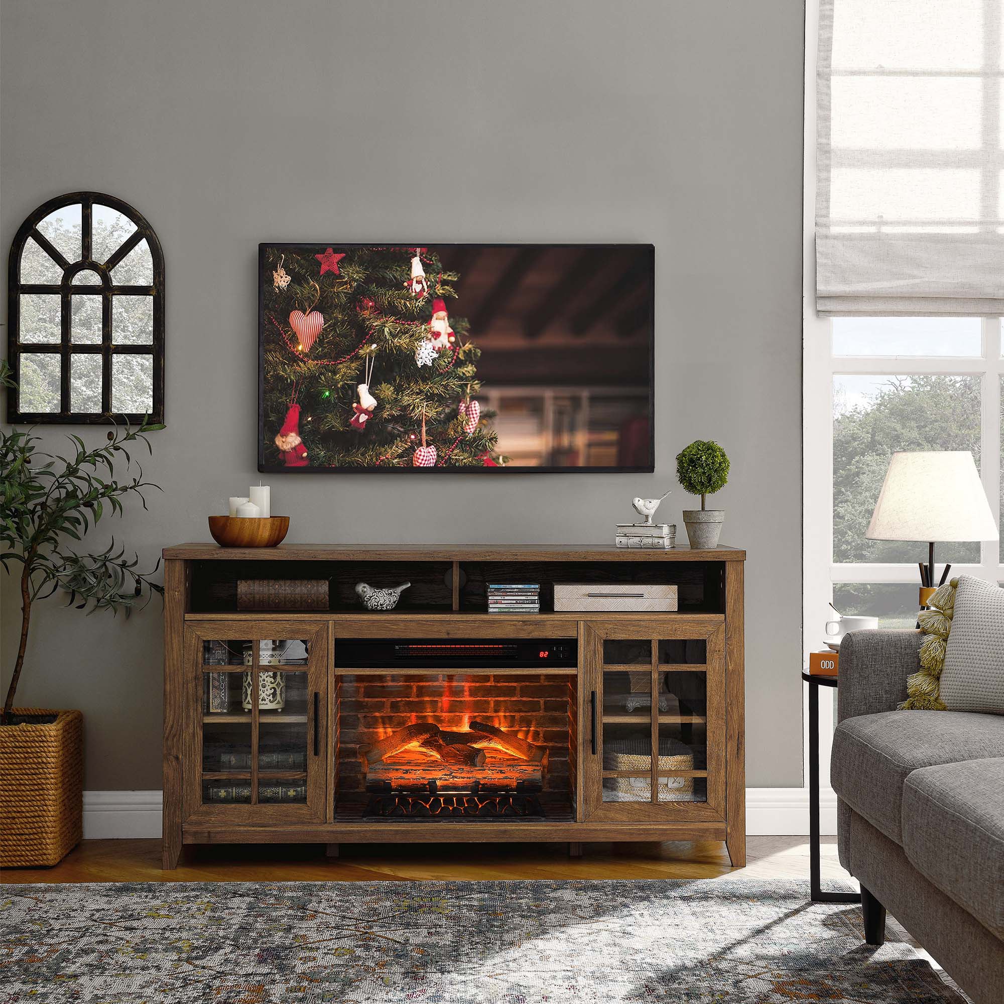 Fun Orange FUN25EF13 55-in W Brown TV Stand with Infrared quartz Flat wall Electric Fireplace with Remote Control Included