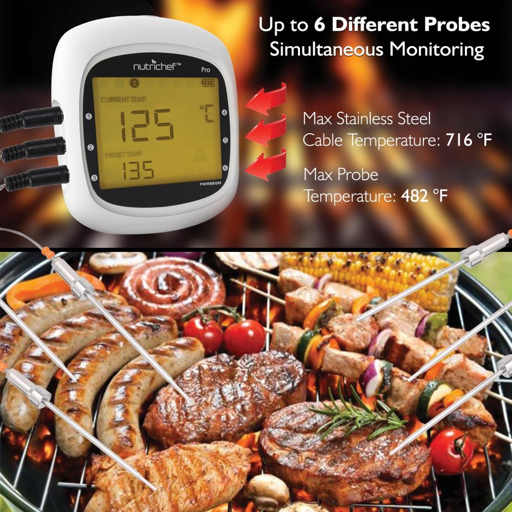 Nutrichef Smart Bluetooth BBQ Thermometer w/ Travel Zip Case, Stainless w/ 2 Temperature Probes