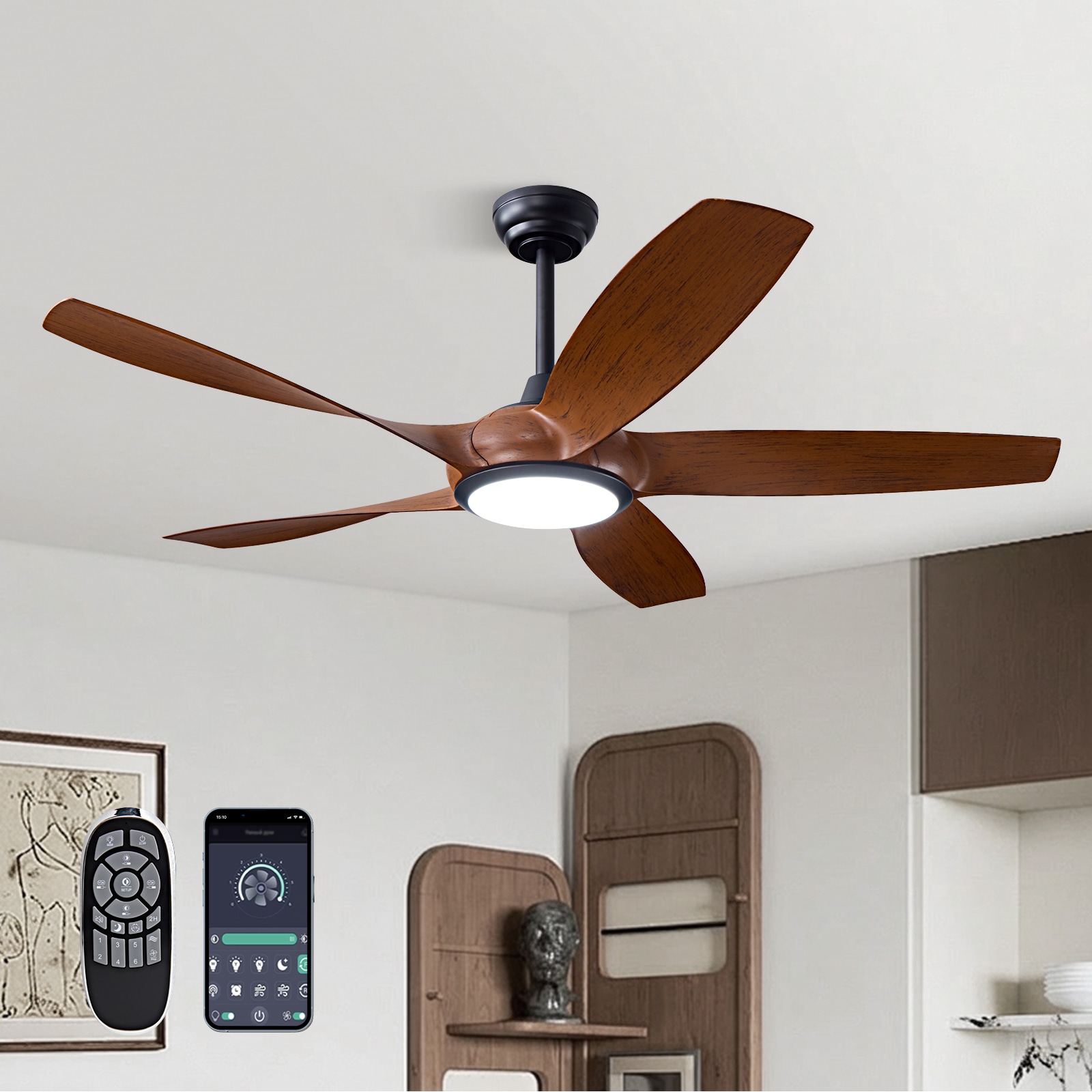 SILJOY 54-in Matte Black and Dark Brown Modern Craftsman 5-Blade Indoor Ceiling Fan with LED Light and Remote for Bedroom Living Room