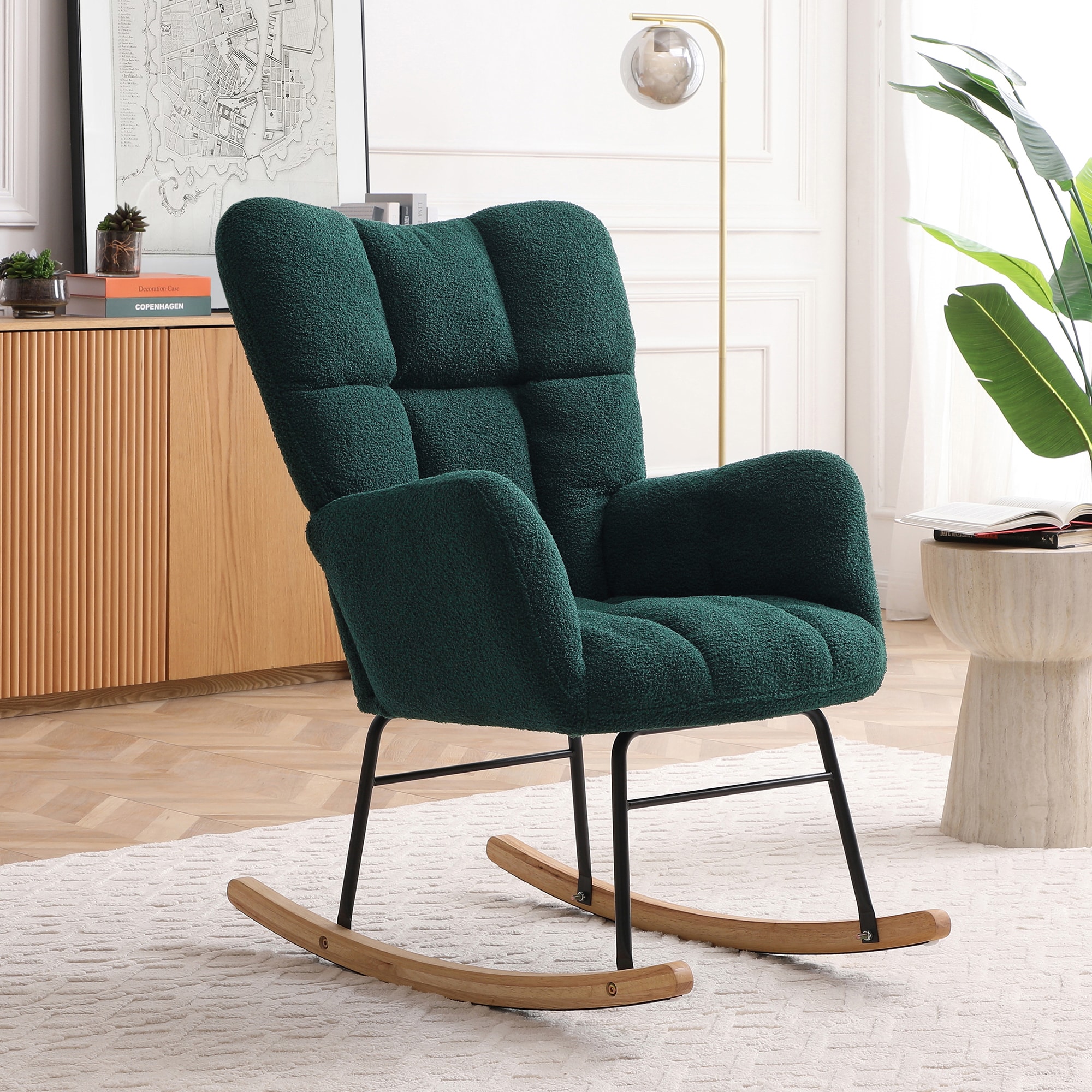 LOVMOR SF-M-W1117P220387 Rocking Chair Teddy Upholstered Glider Rocker Rocking Accent Chair Padded Seat with High Backrest Armchair Comfy Side Chair for Living Room Bedroom Offices Green