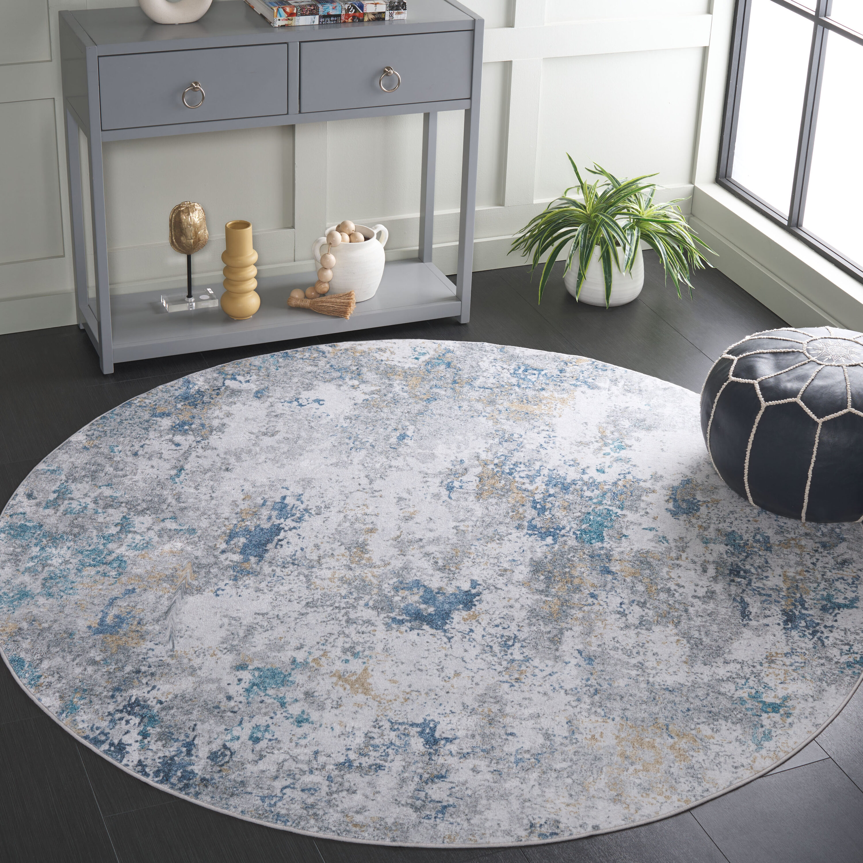 Santa Monica 386B Ivory Blue 6ft x 6ft Contemporary Rug