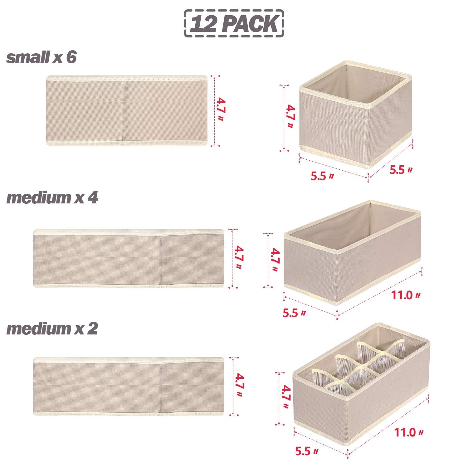 Etokfoks  Foldable Drawer Organizer Dividers 12 Pack Cloth Storage Box Closet Dresser Cube Fabric Baskets for Underwear Socks and Accessories