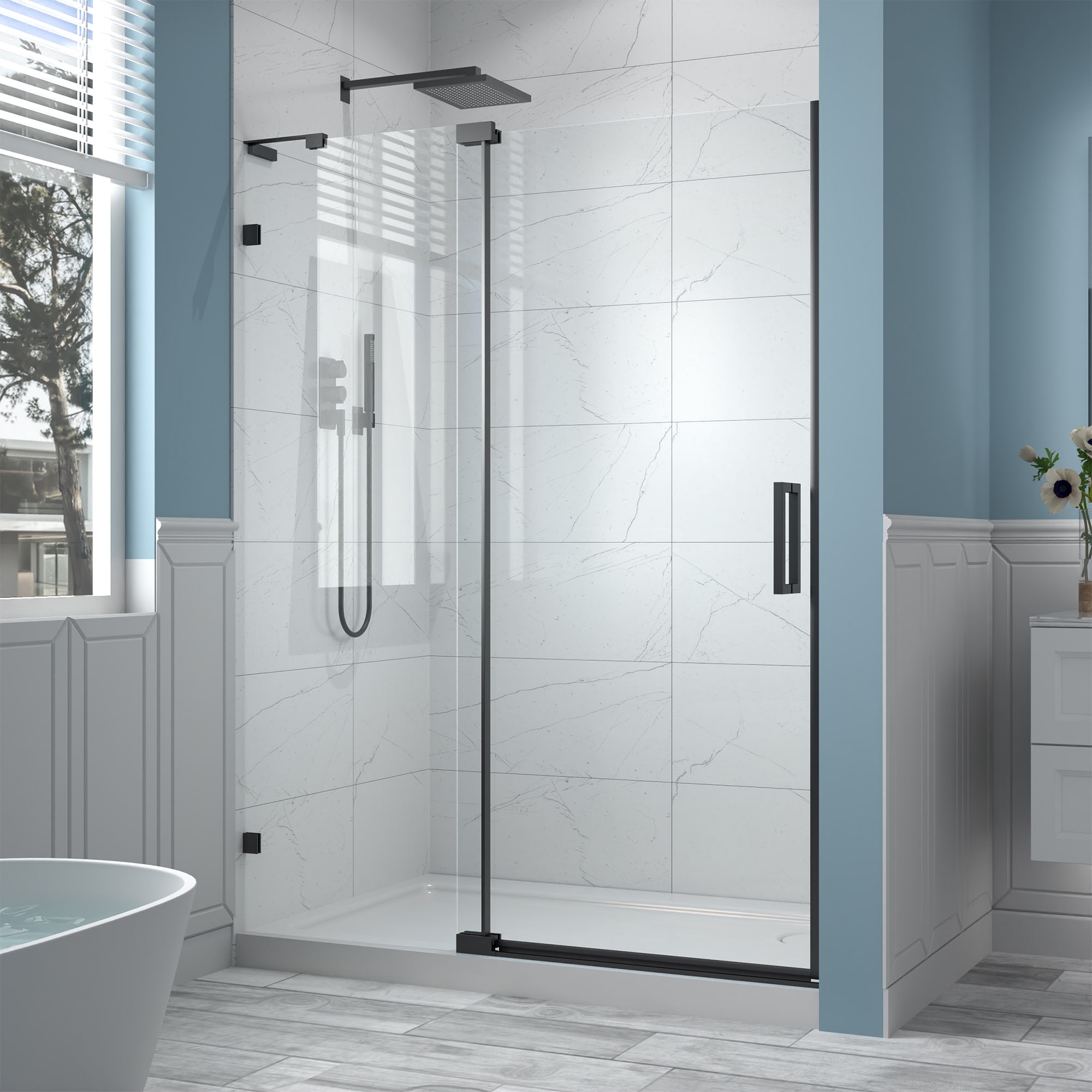 ES-DIY Matte Black 50-in to 54-in W x 70-in H Frameless Clear Glass Pivot Alcove Shower Door