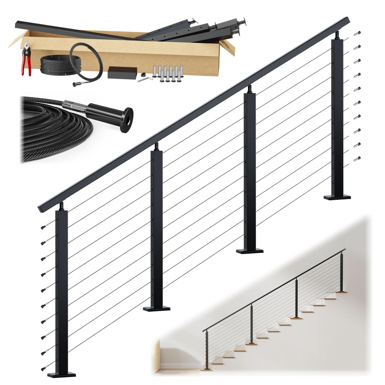 Phyfalip  8 to 12 ft Black Cable Railing Kit for Stairs Adjustable 36 Inch System with Handrail and Posts Stainless Steel Complete Set Easy DIY