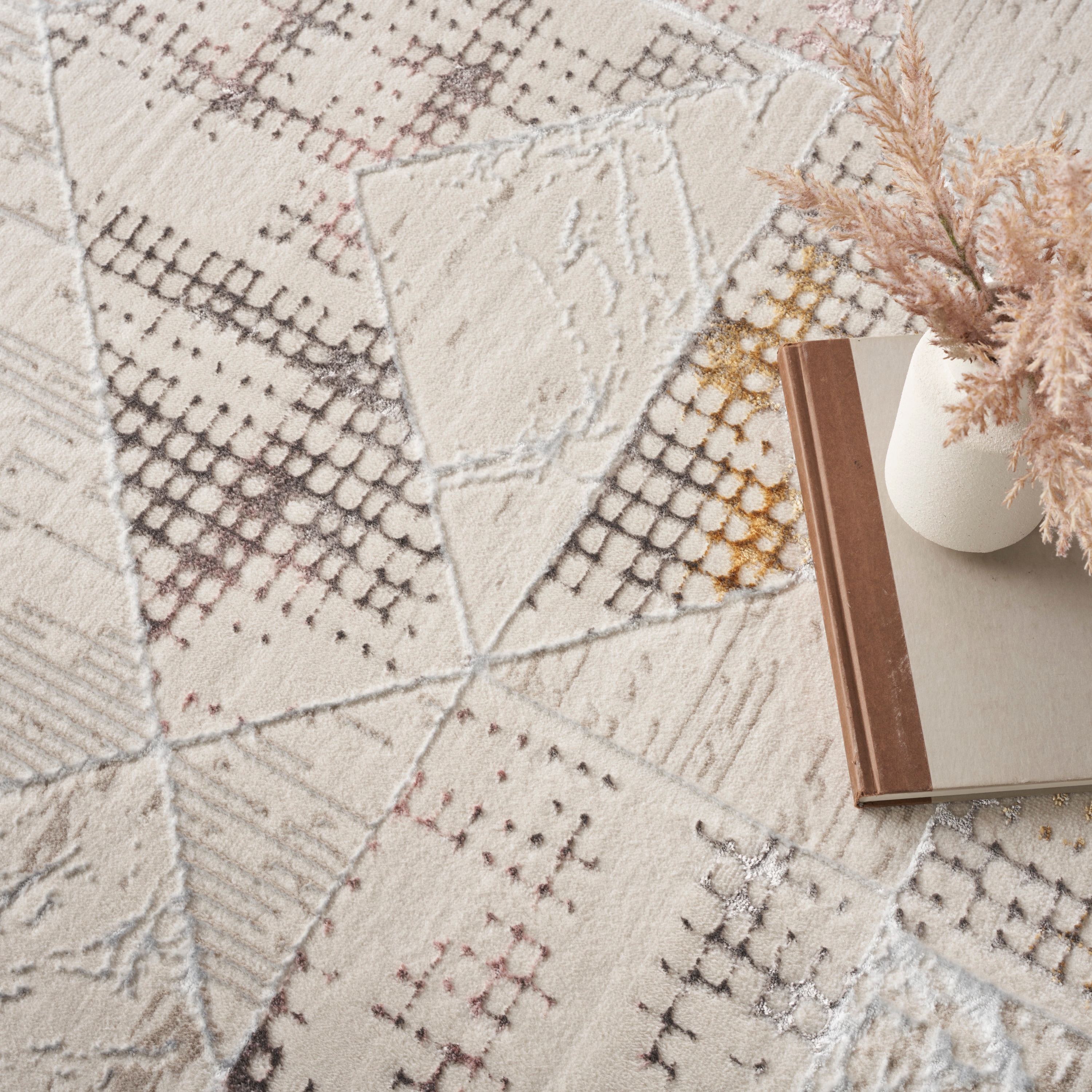 Ivory Abstract Shimmer 9' x 12' Easy-Care Synthetic Rug
