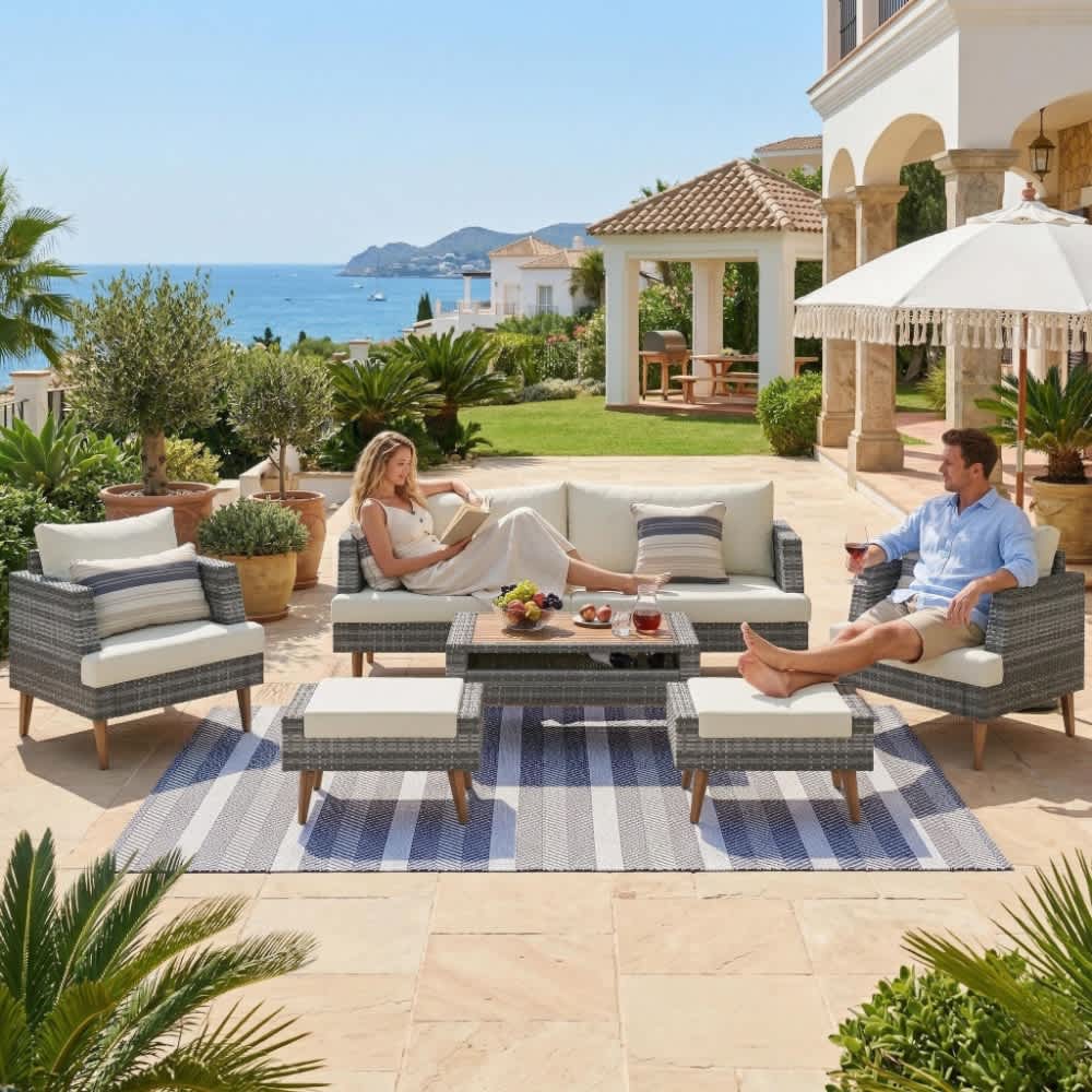 JUJABU Beige 6-Pieces All Weather PE Wicker Sofa Set With Double Cushions Wood Legs Wood Table Top for Outdoor