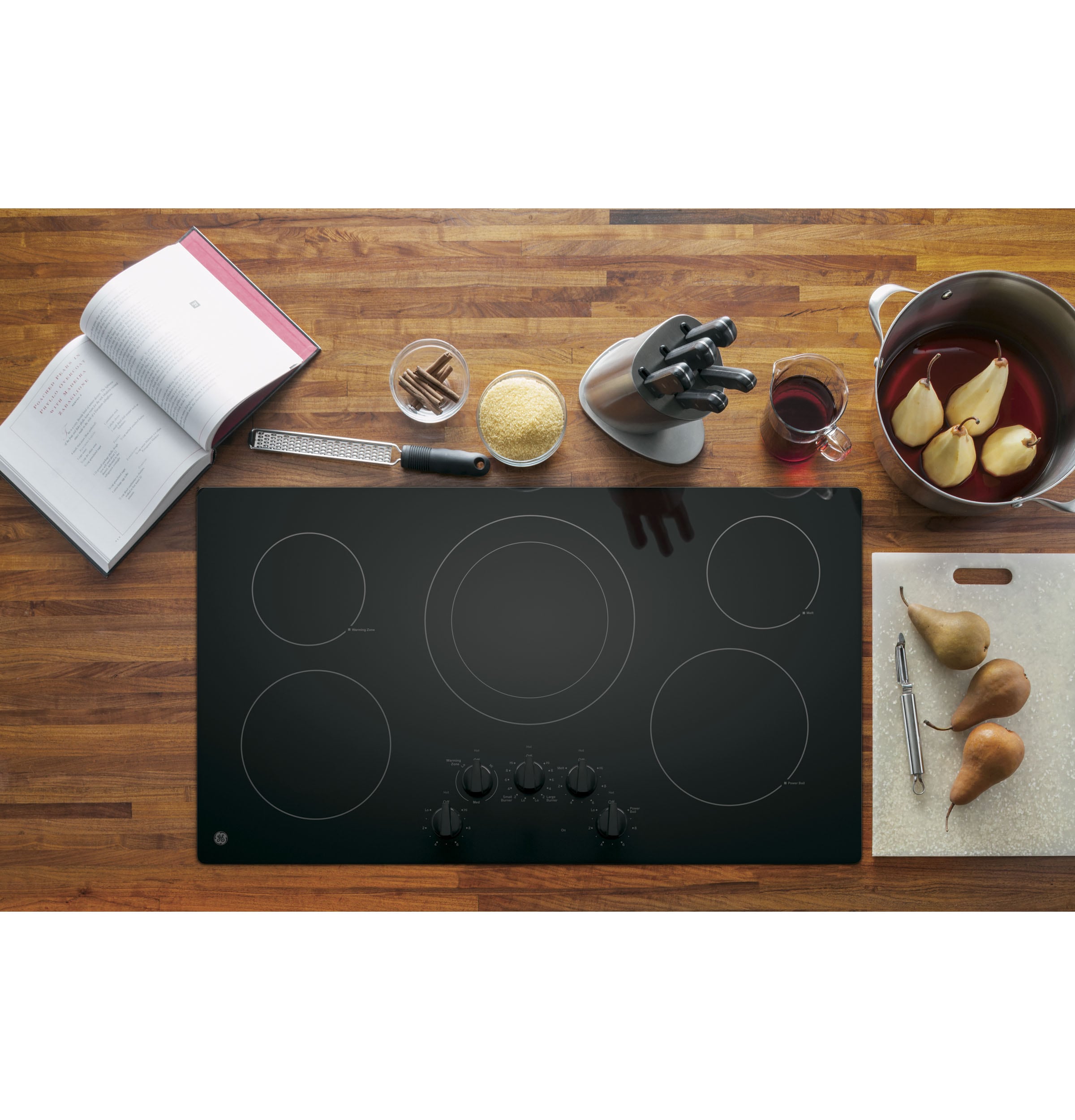 GE JP356WMWW 30 Smoothtop Electric Cooktop with 4 Ribbon Elements, 9/12  Dual Element, PowerBoil Burner, Melt Option and ADA Compliant: Black  Surface with White Accents