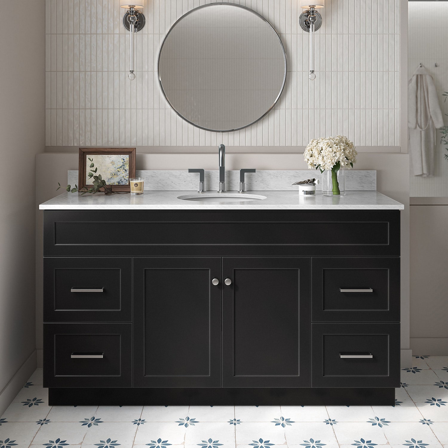 ARIEL F061SCW2OVOBLK Hamlet 61-in Black Undermount Single sink Bathroom Vanity with 0.75" Carrara White Marble Natural marble Top