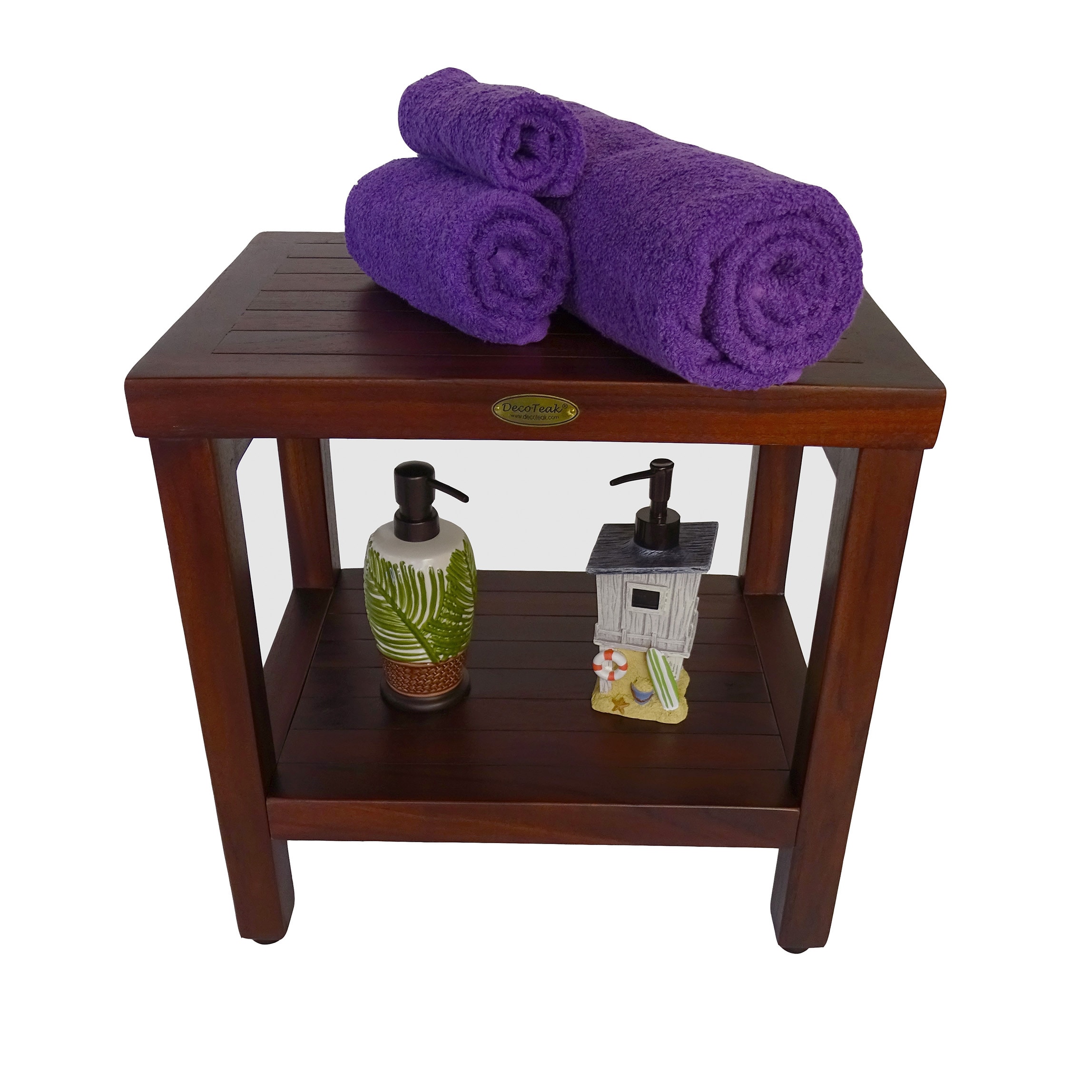 Classic Woodland Brown Teak Shower Bench with Shelf, 18"