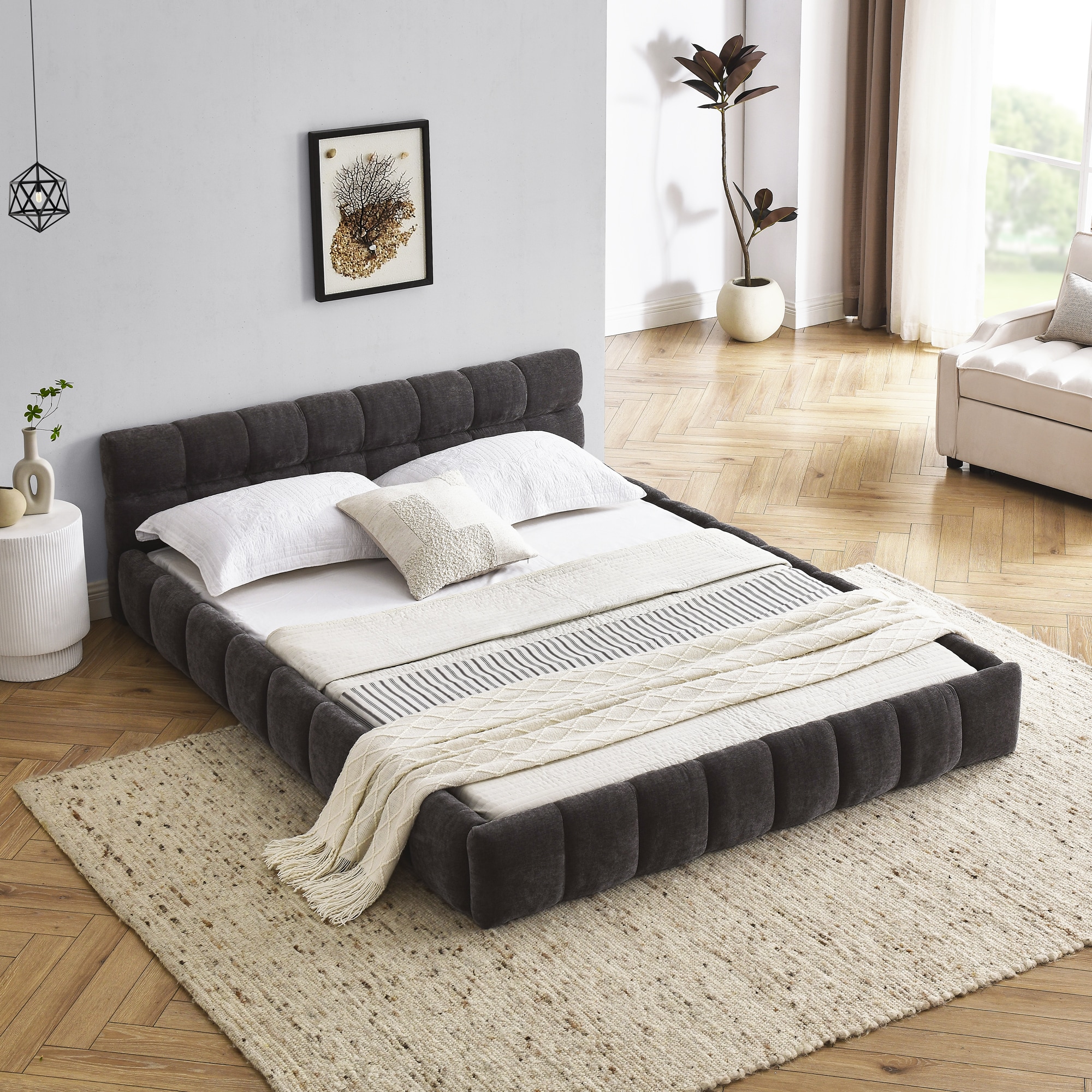 LOVMOR SF-Y-W487S00221 Queen Size Upholstered Bed Frame with Thick Fabric Chenille Fabric Grounded Queen Size Platform Bed with Headboard and Solid Frame. No Box Spring Needed Dark Grey