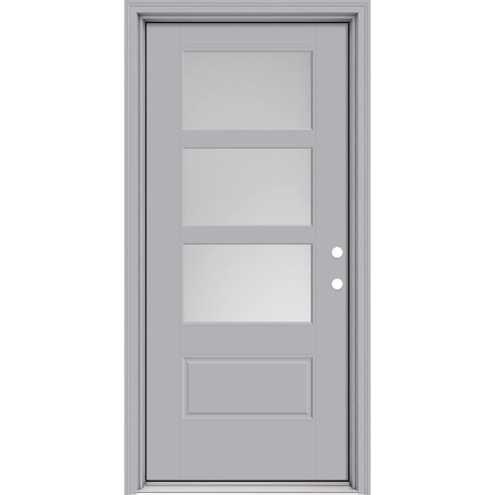 Masonite 630547 Performance Door System 32-in x 80-in x 4-9/16-in Fiberglass 3/4 lite Left-hand inswing Infinity Gray Painted Prehung Front Door with Brickmould Insulating core with Grilles