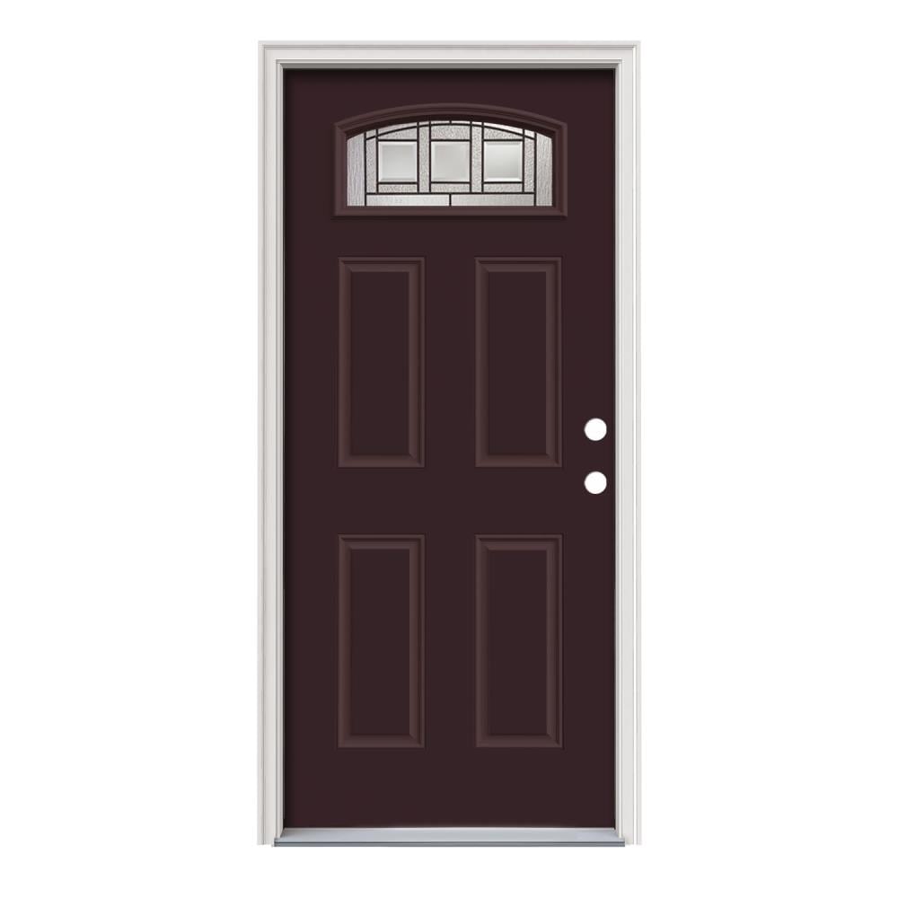 JELD-WEN LOWOLJW167600372 Craftsman 36-in x 80-in x 4-9/16-in Steel 1/4 lite Left-hand inswing Currant Painted Prehung Front Door with Brickmould Insulating core