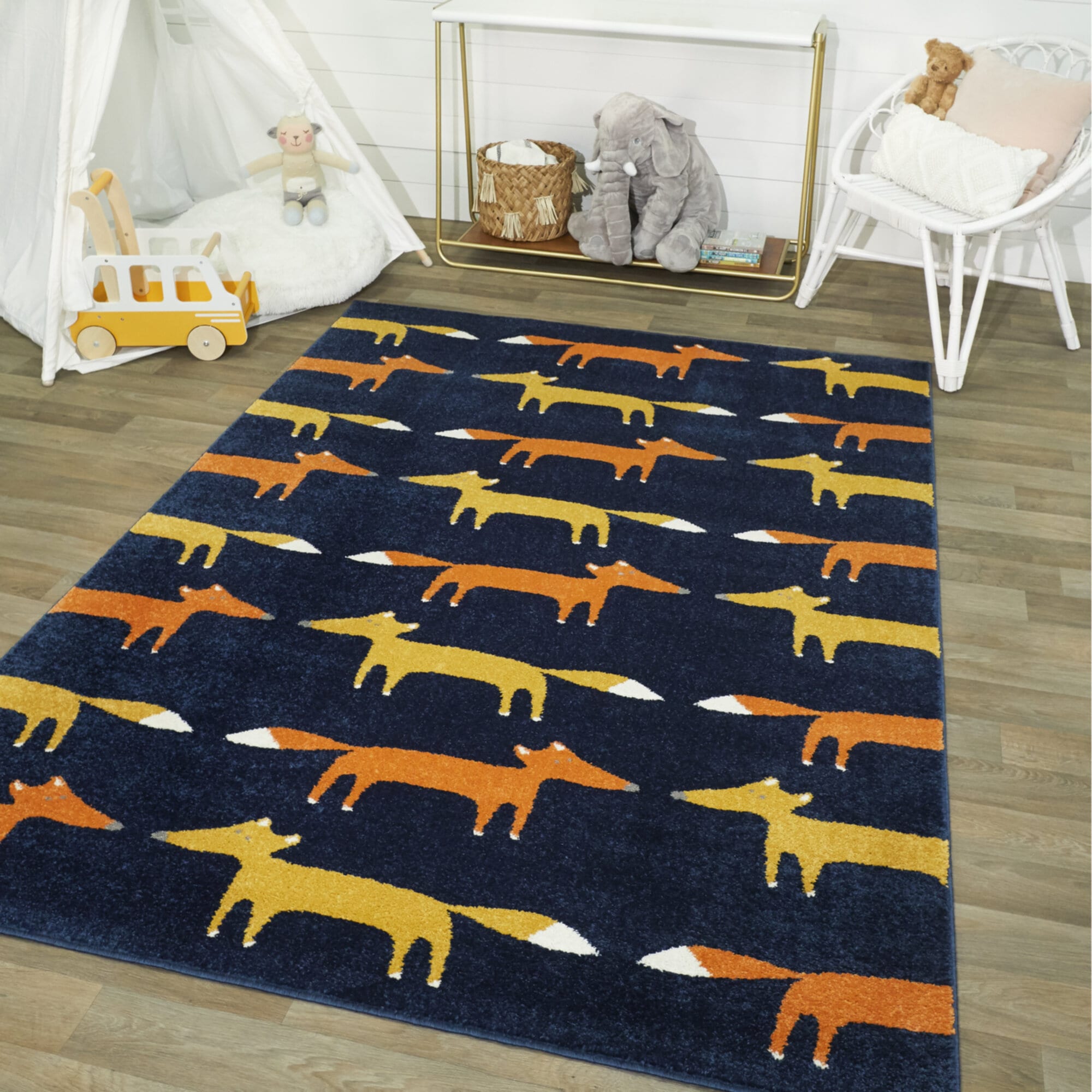 Blue and Orange Fox Pattern Rectangular Kids Rug